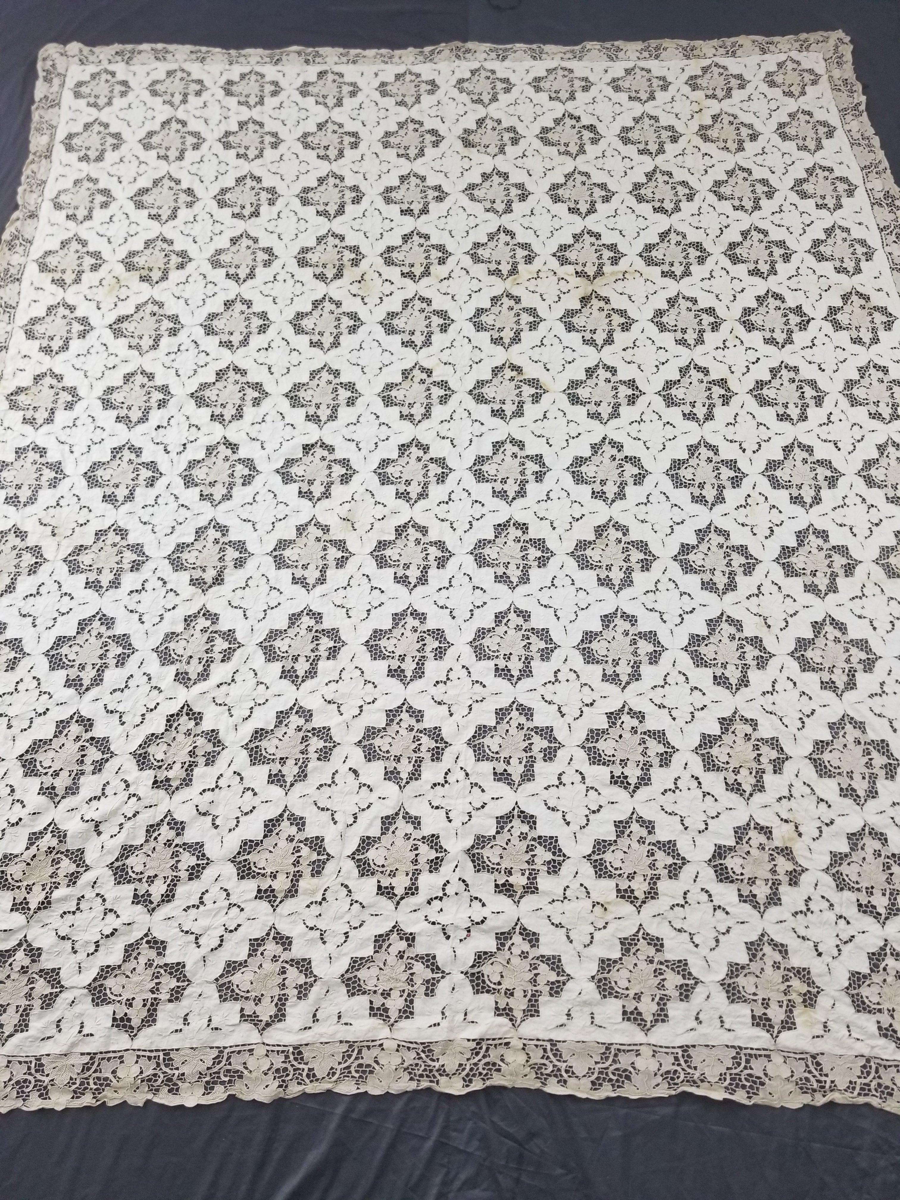 Vintage Point De Venise Needle Lace Madeira Embroidered Floral Tablecloth 260x220cm