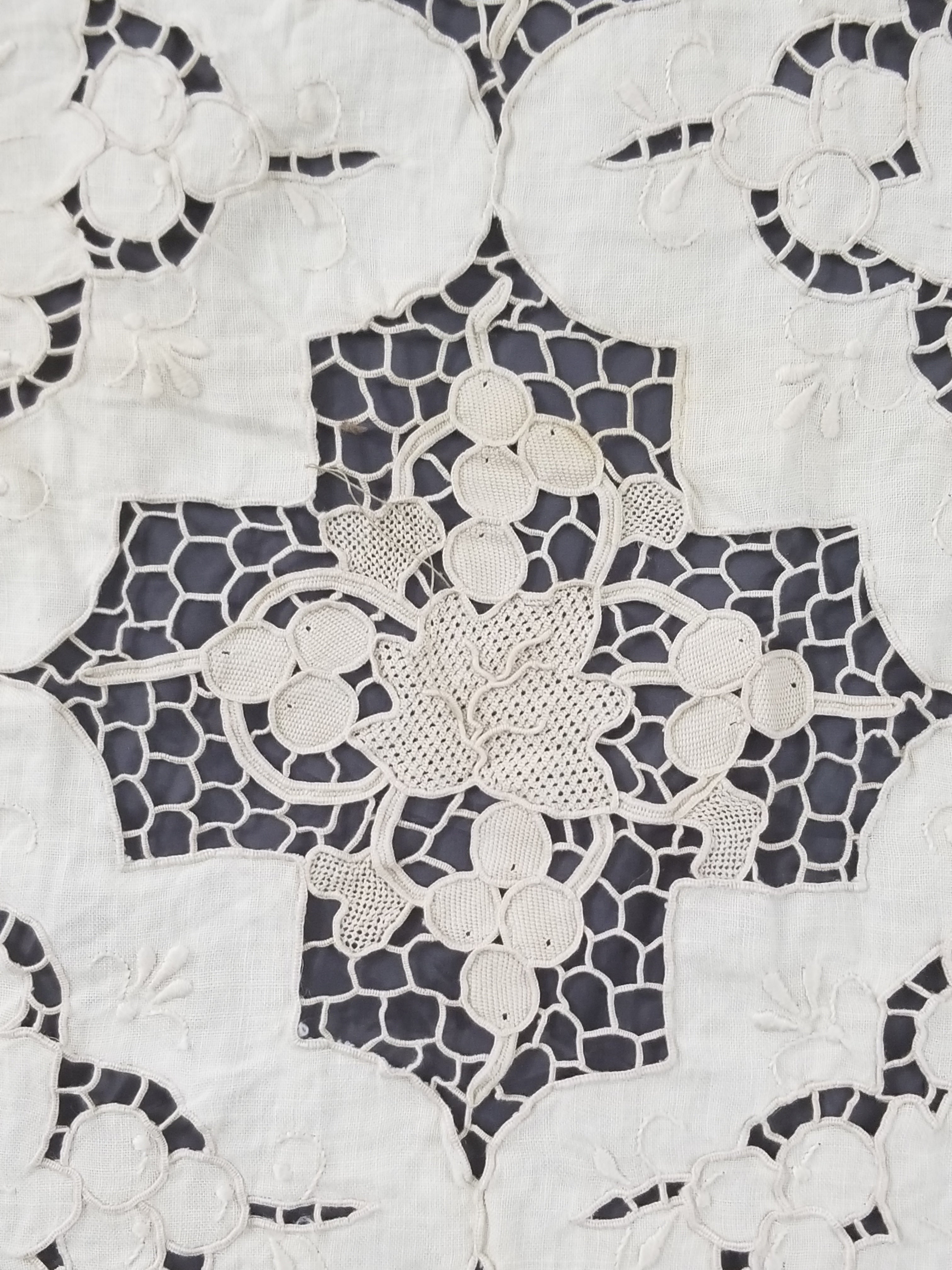 Vintage Point De Venise Needle Lace Madeira Embroidered Floral Tablecloth 260x220cm