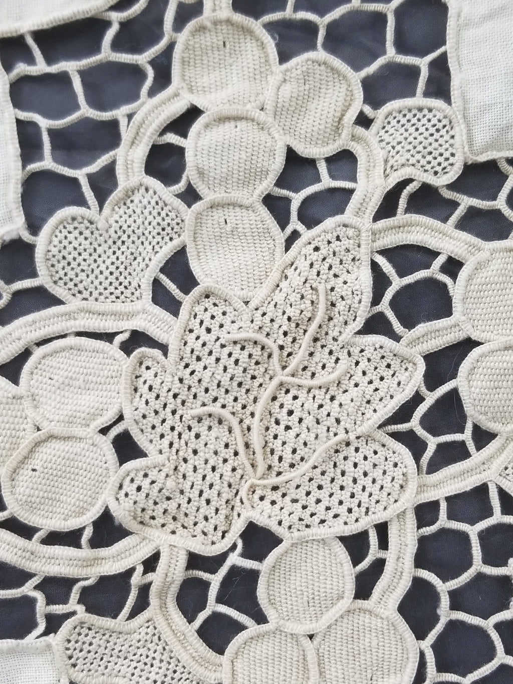 Vintage Point De Venise Needle Lace Madeira Embroidered Floral Tablecloth 260x220cm