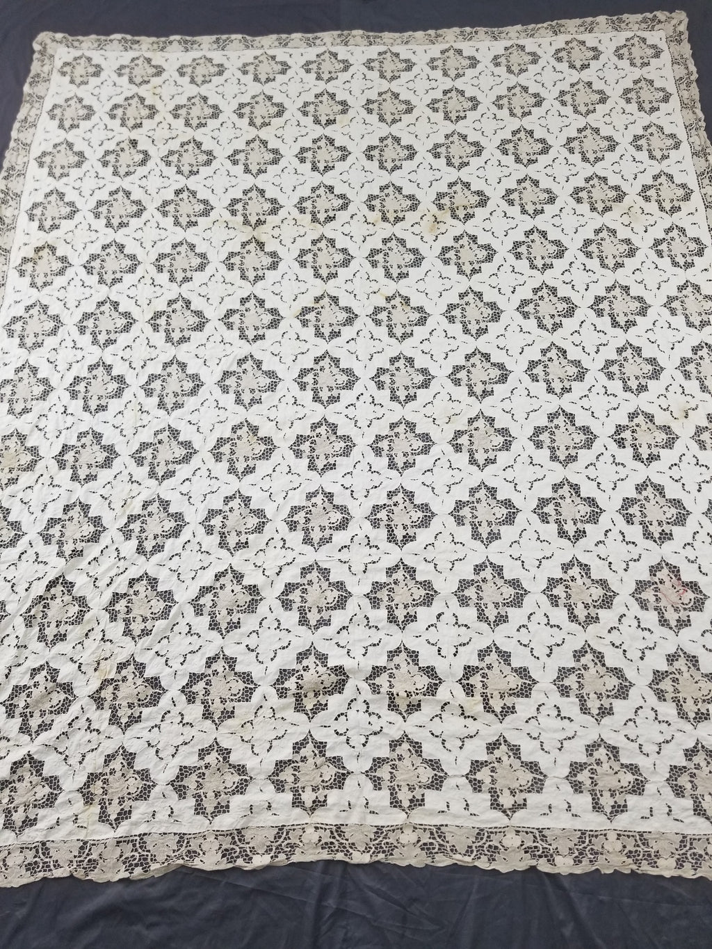 Vintage Point De Venise Needle Lace Madeira Embroidered Floral Tablecloth 260x220cm