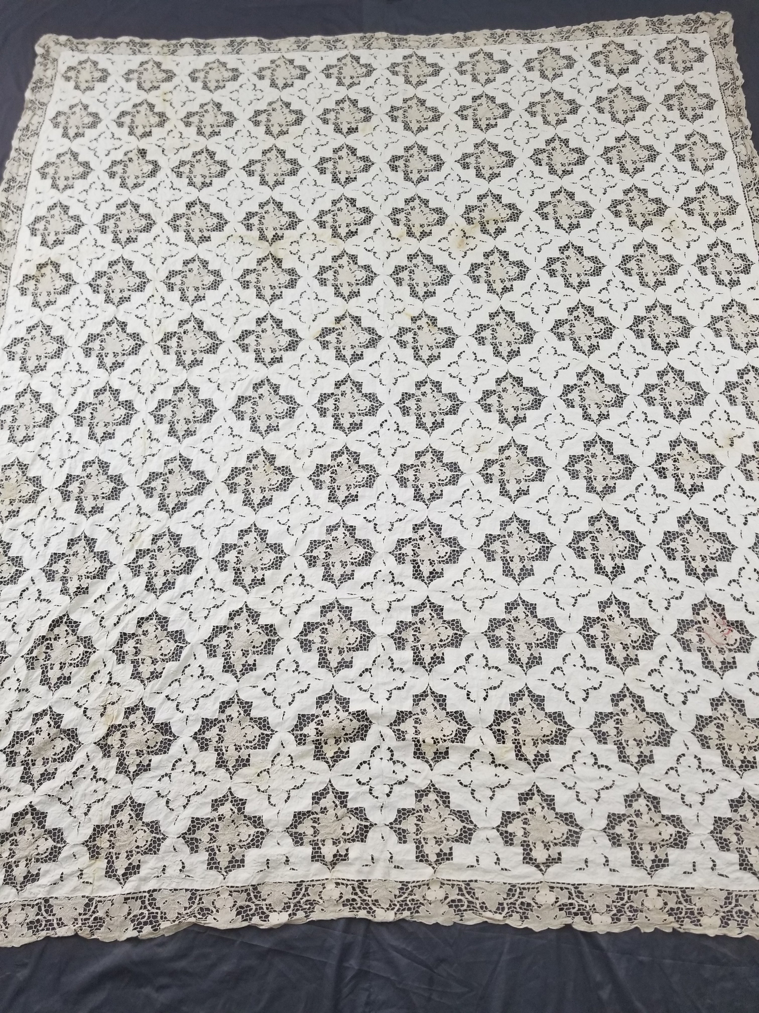 Vintage Point De Venise Needle Lace Madeira Embroidered Floral Tablecloth 260x220cm