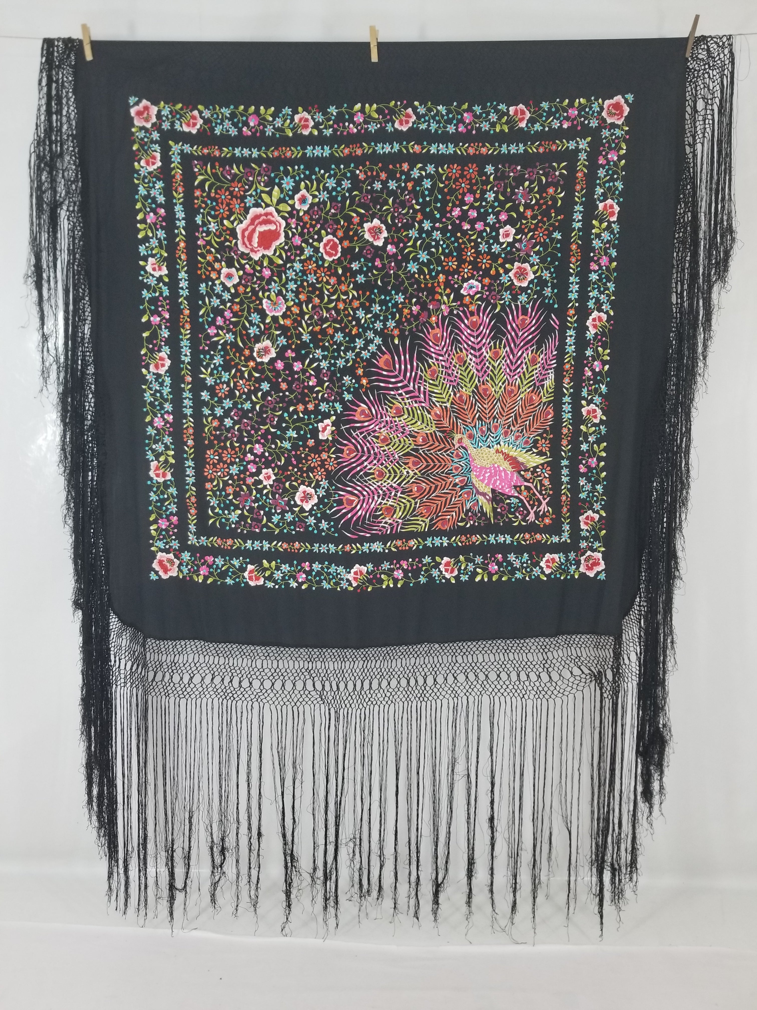 Antique Chinese Silk Hand Embroidered Floral & Peacock Piano Shawl 132x130cm