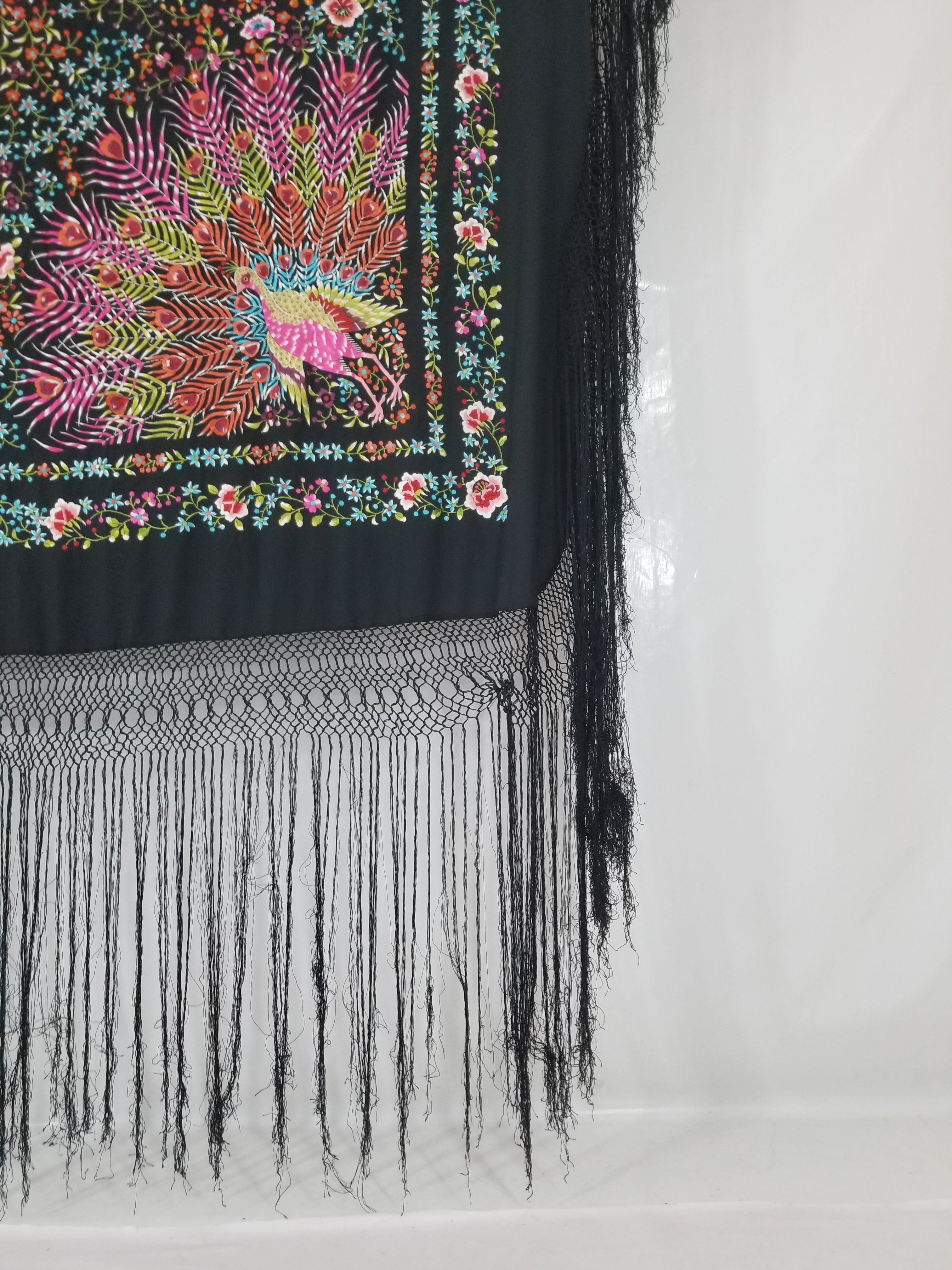 Antique Chinese Silk Hand Embroidered Floral & Peacock Piano Shawl 132x130cm