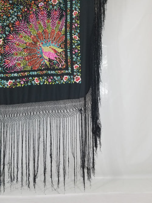 Antique Chinese Silk Hand Embroidered Floral & Peacock Piano Shawl 132x130cm
