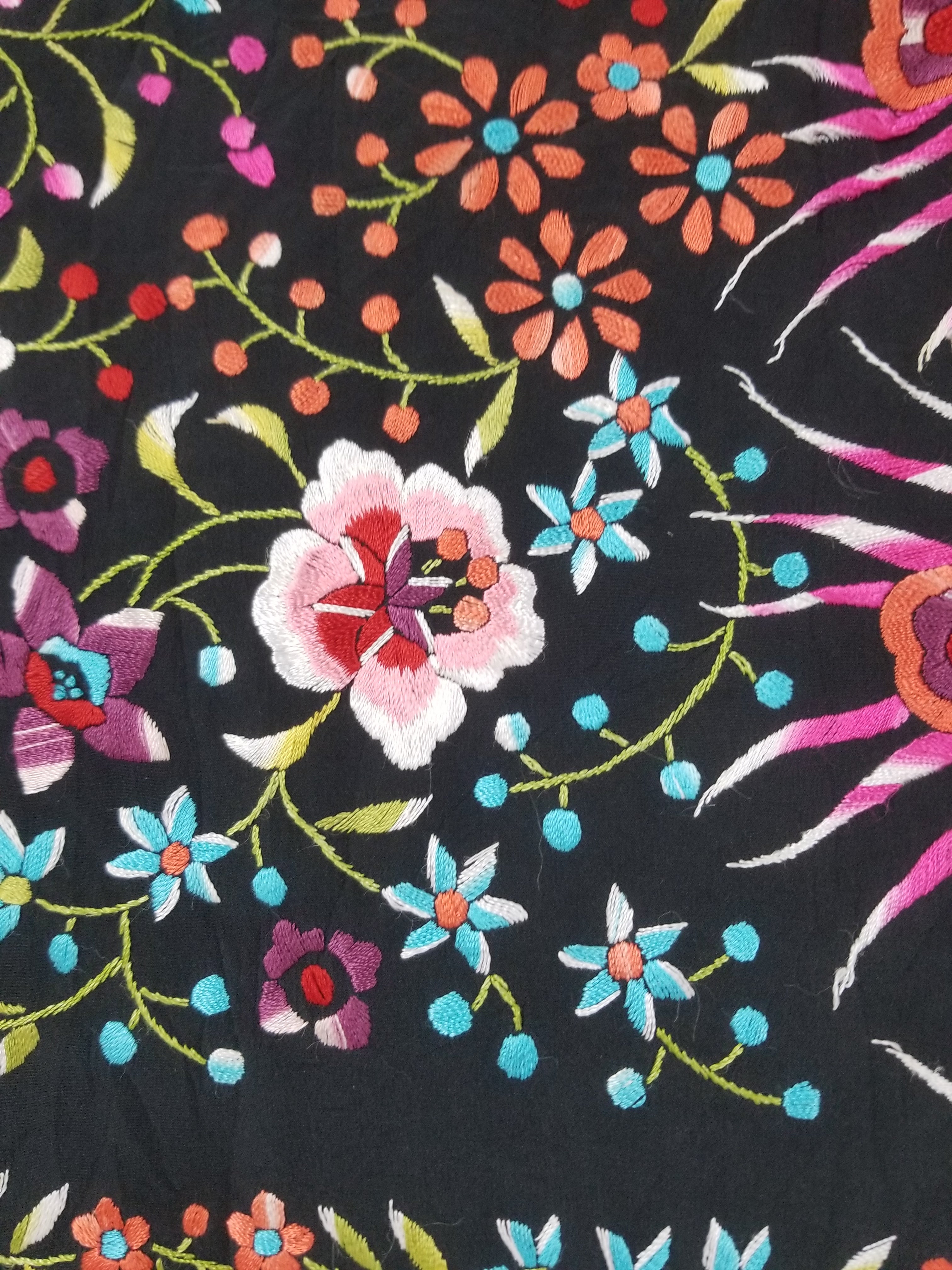 Antique Chinese Silk Hand Embroidered Floral & Peacock Piano Shawl 132x130cm