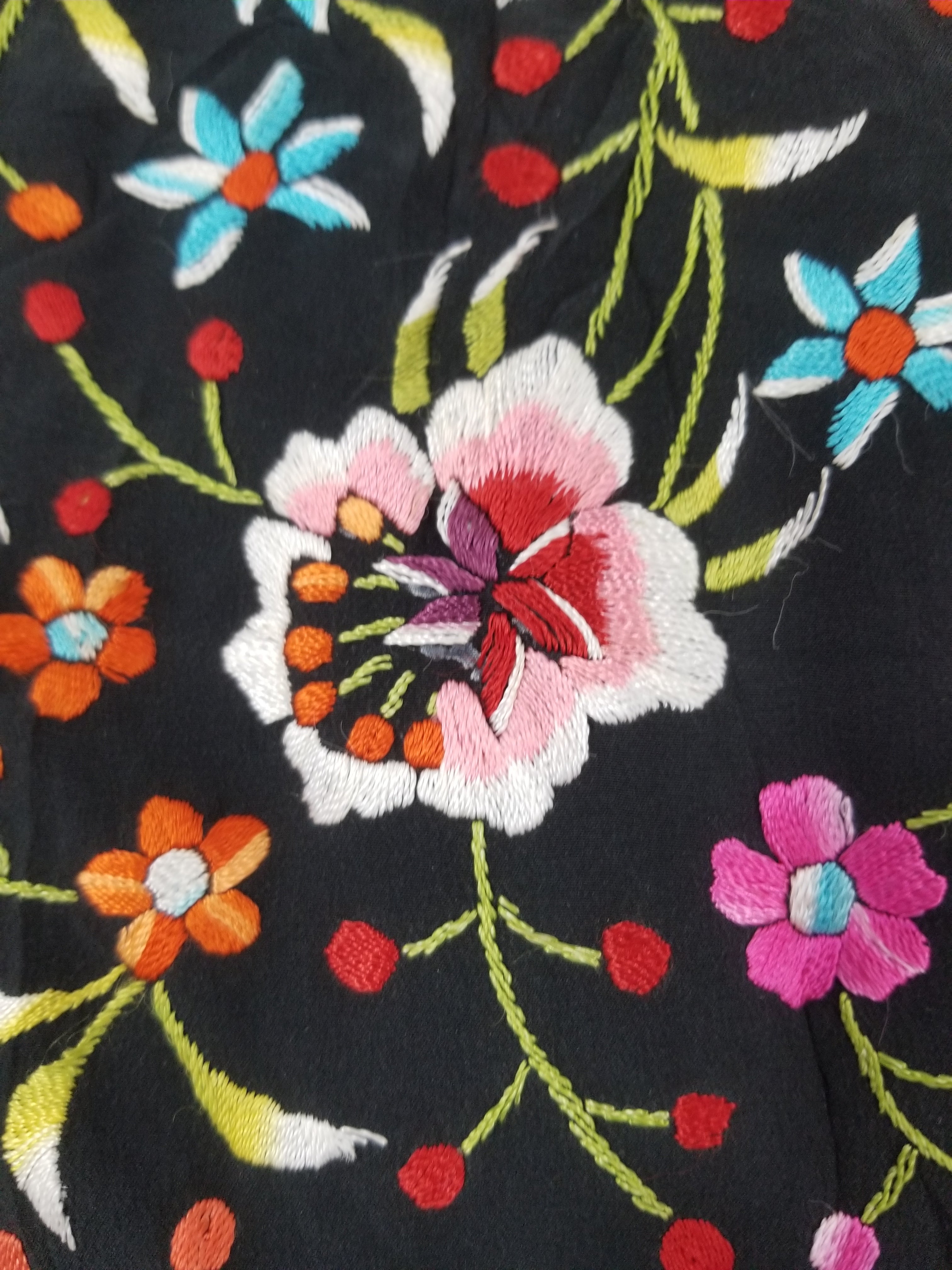 Antique Chinese Silk Hand Embroidered Floral & Peacock Piano Shawl 132x130cm