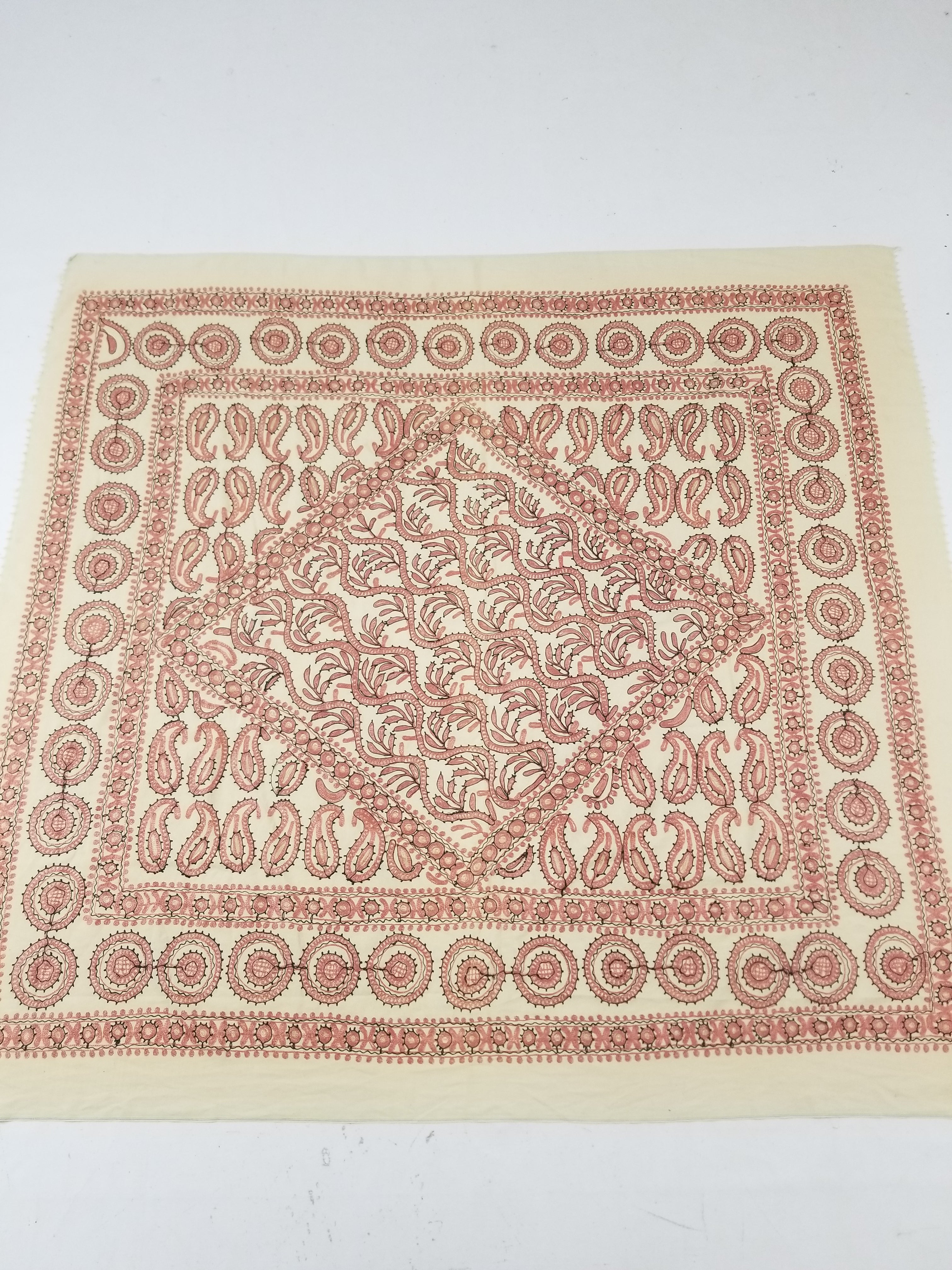 Antique Traditional Syrian Hand Embroidery Floral & Paisley Tablecloth 162x152cm
