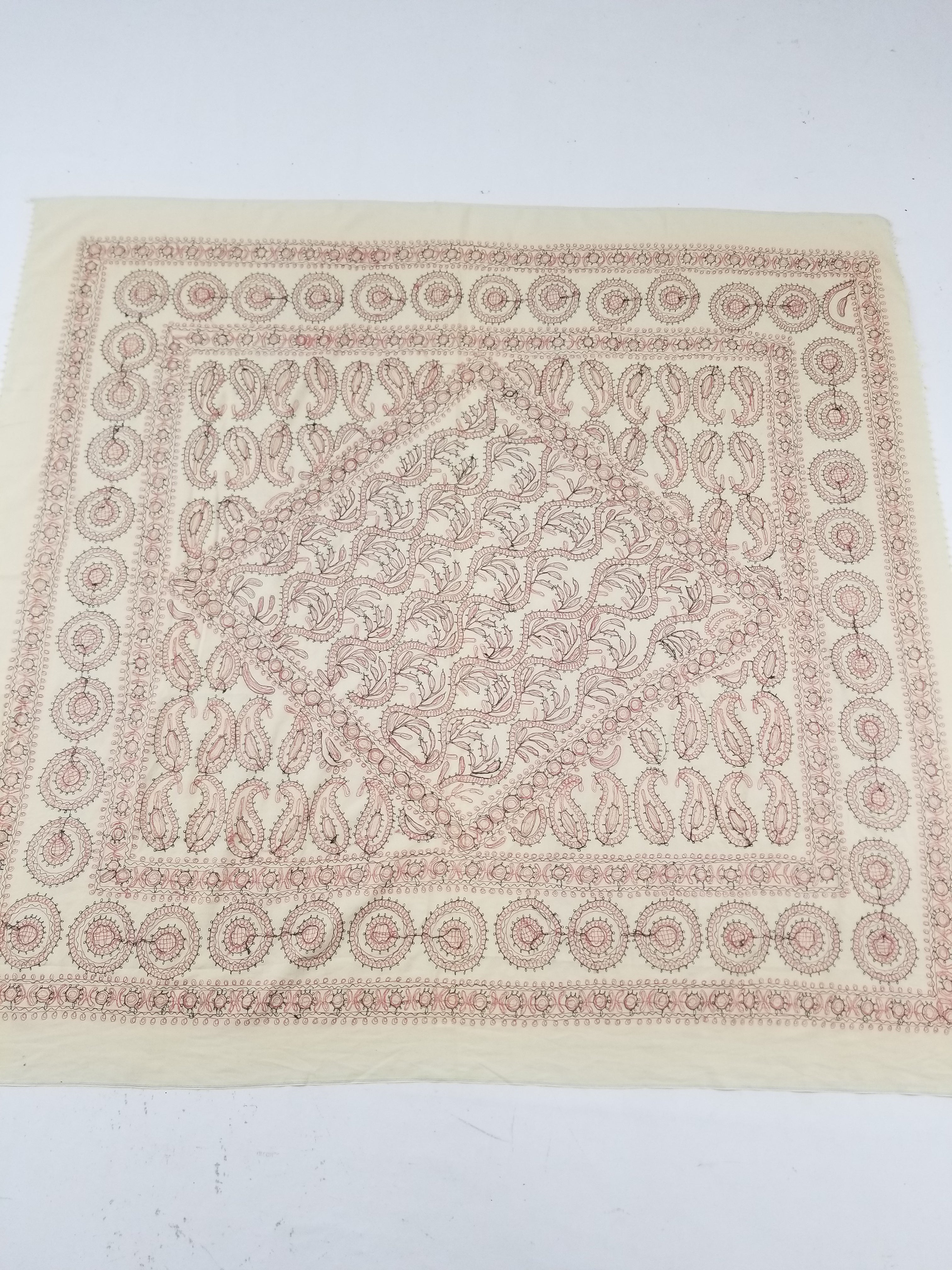 Antique Traditional Syrian Hand Embroidery Floral & Paisley Tablecloth 162x152cm