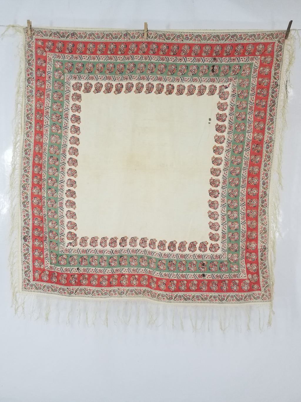 Antique Traditional Hand Block Printed Paisley Woolen Shawl 128x124cm