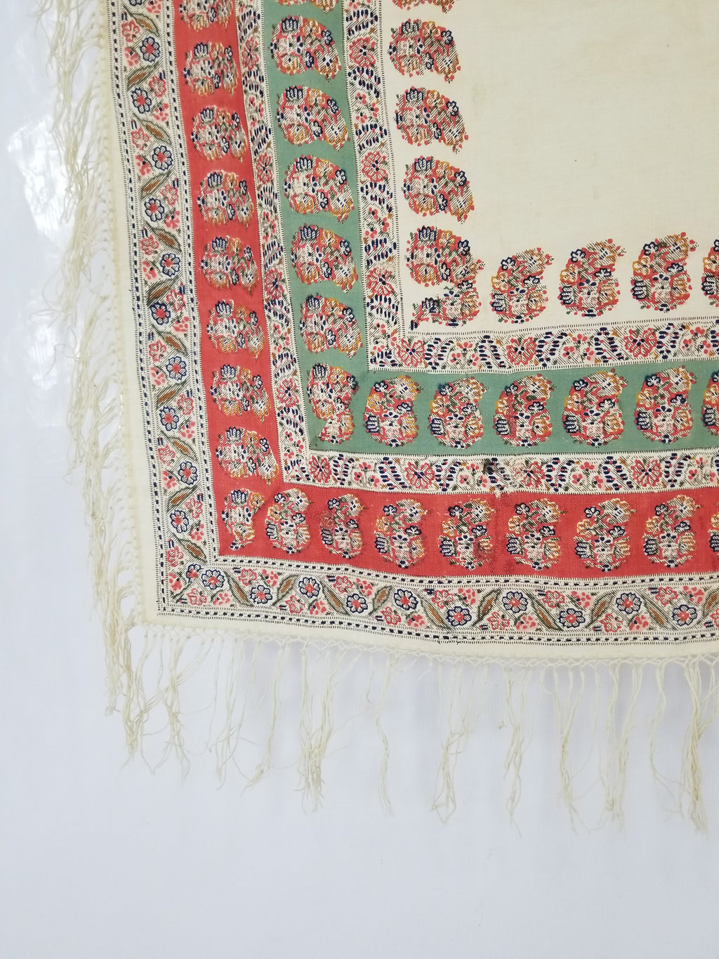 Antique Traditional Hand Block Printed Paisley Woolen Shawl 128x124cm
