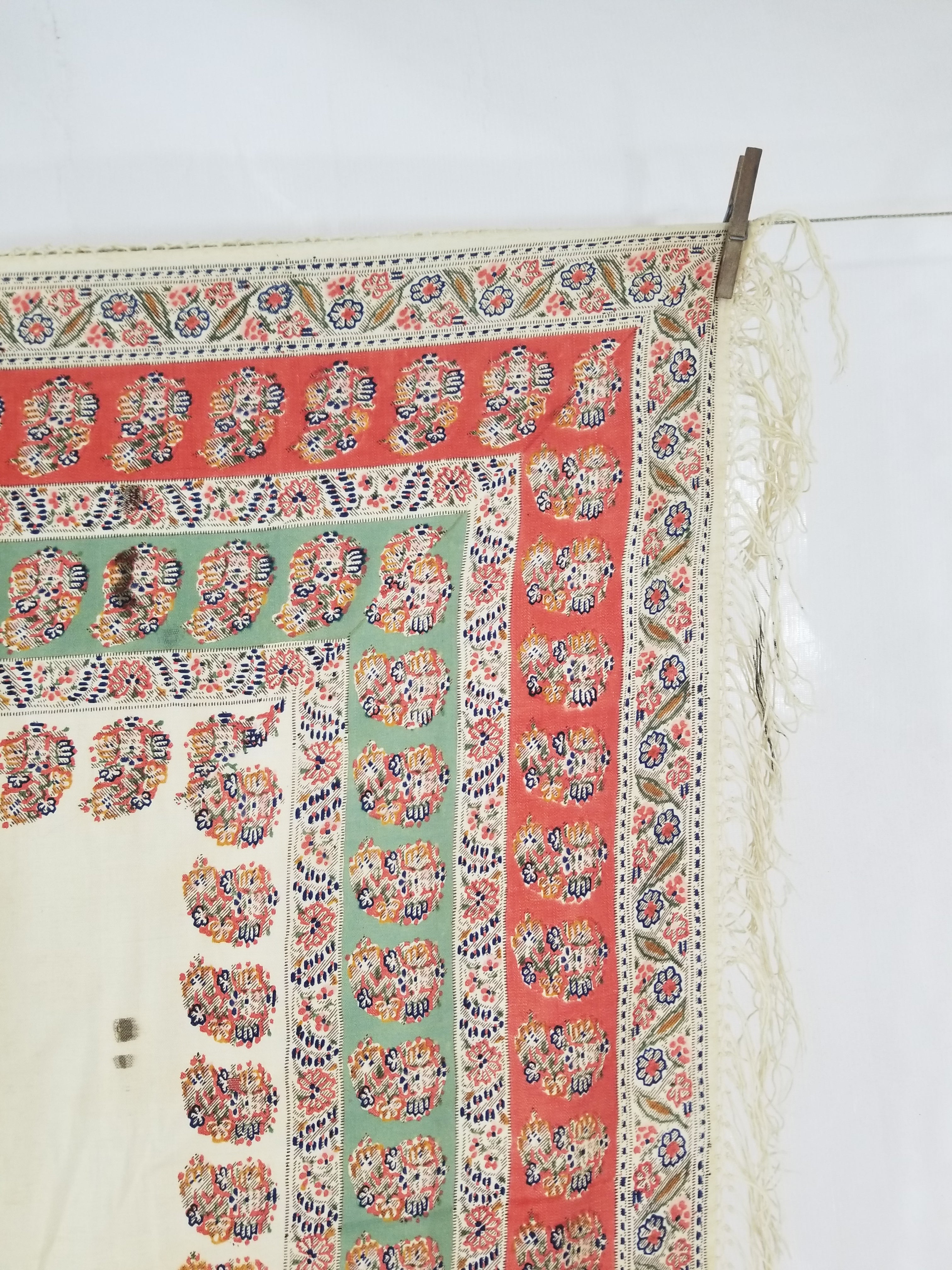 Antique Traditional Hand Block Printed Paisley Woolen Shawl 128x124cm