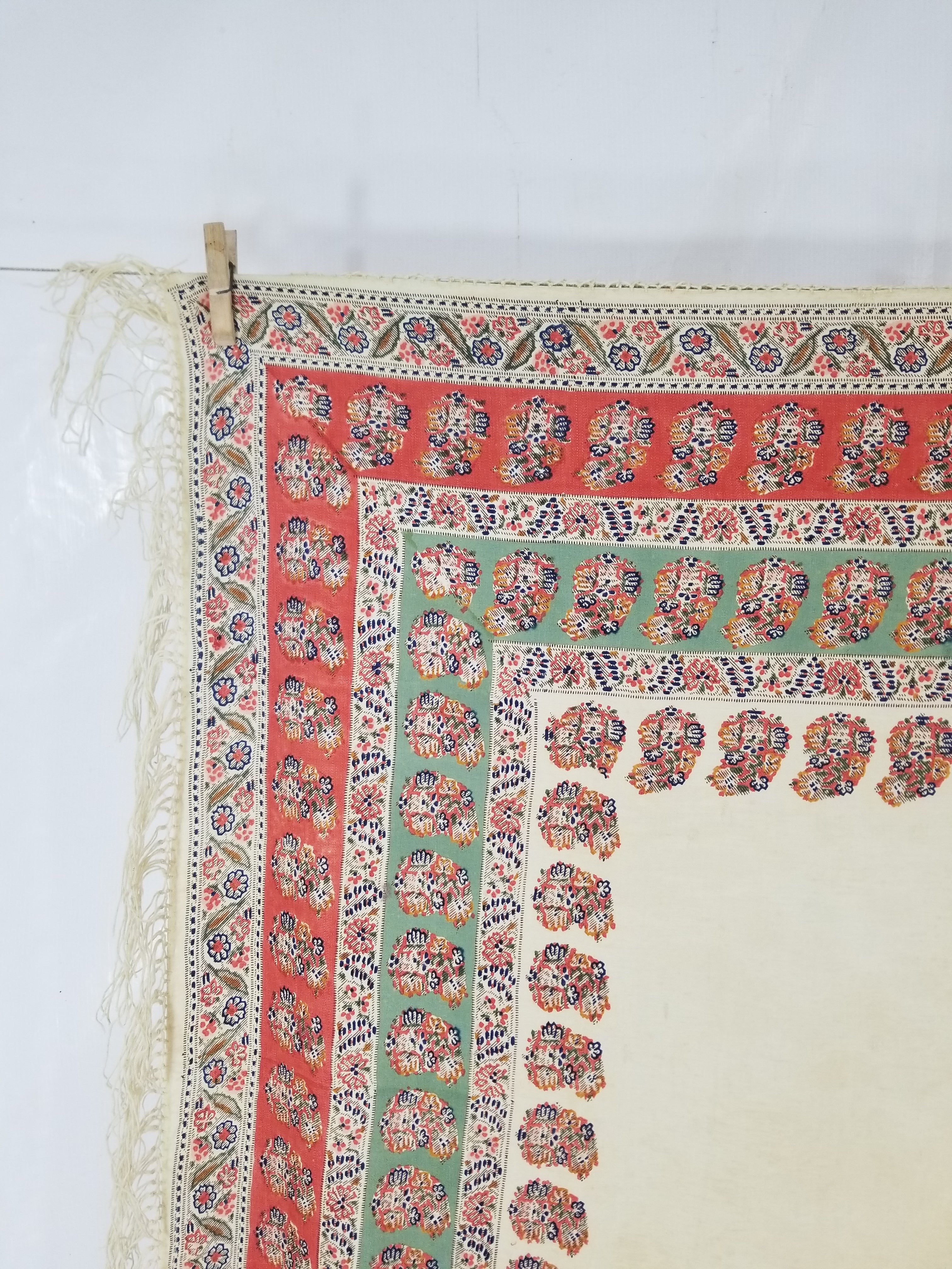 Antique Traditional Hand Block Printed Paisley Woolen Shawl 128x124cm