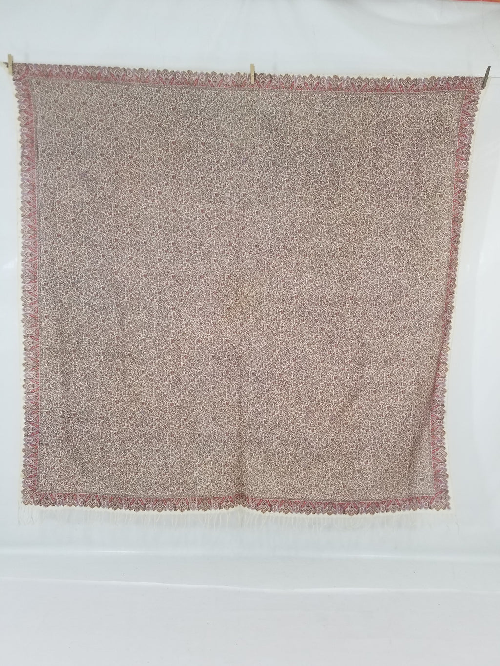 Antique Traditional Hand Block Printed Floral Woolen Shawl 178x173cm