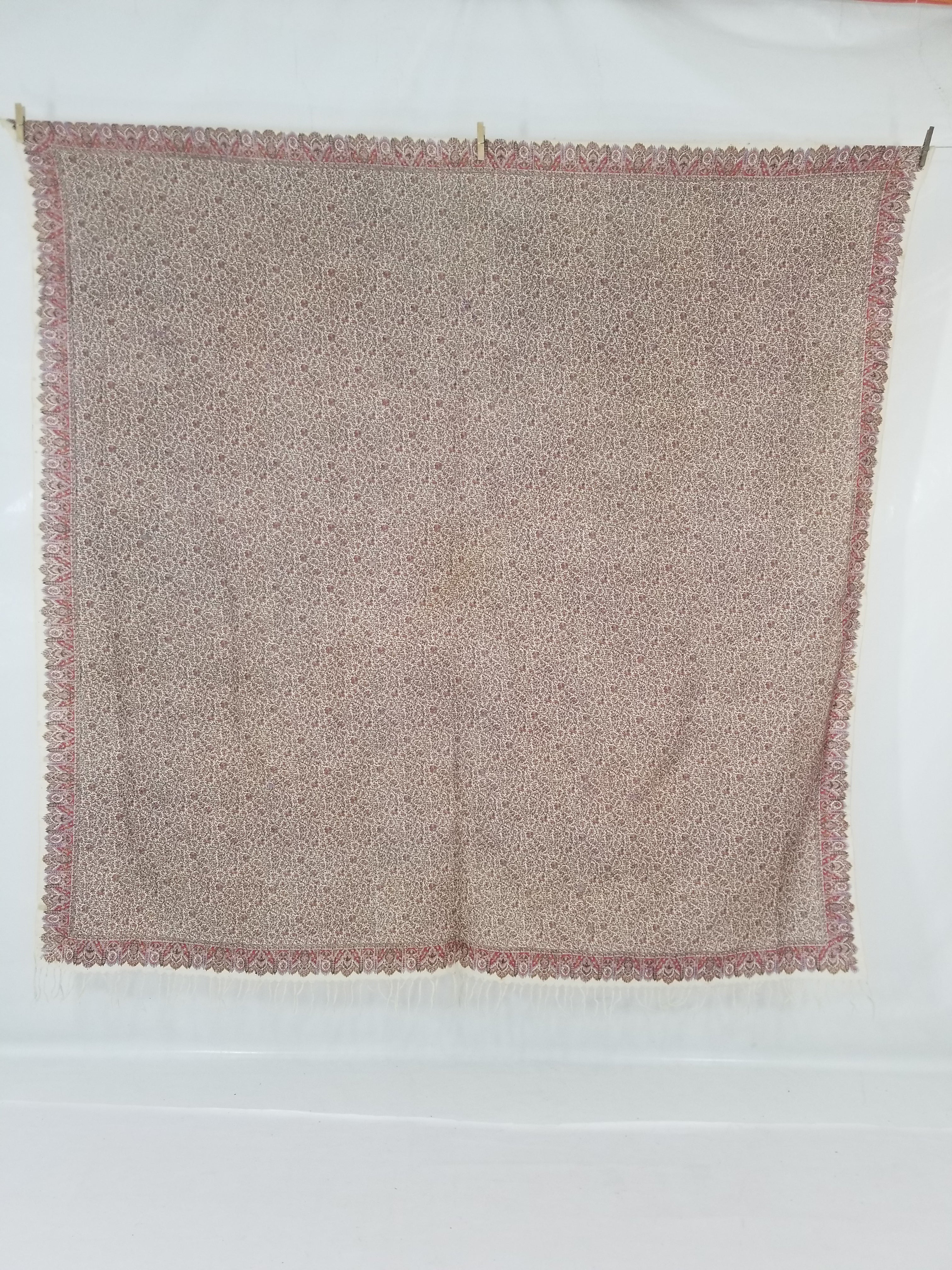 Antique Traditional Hand Block Printed Floral Woolen Shawl 178x173cm