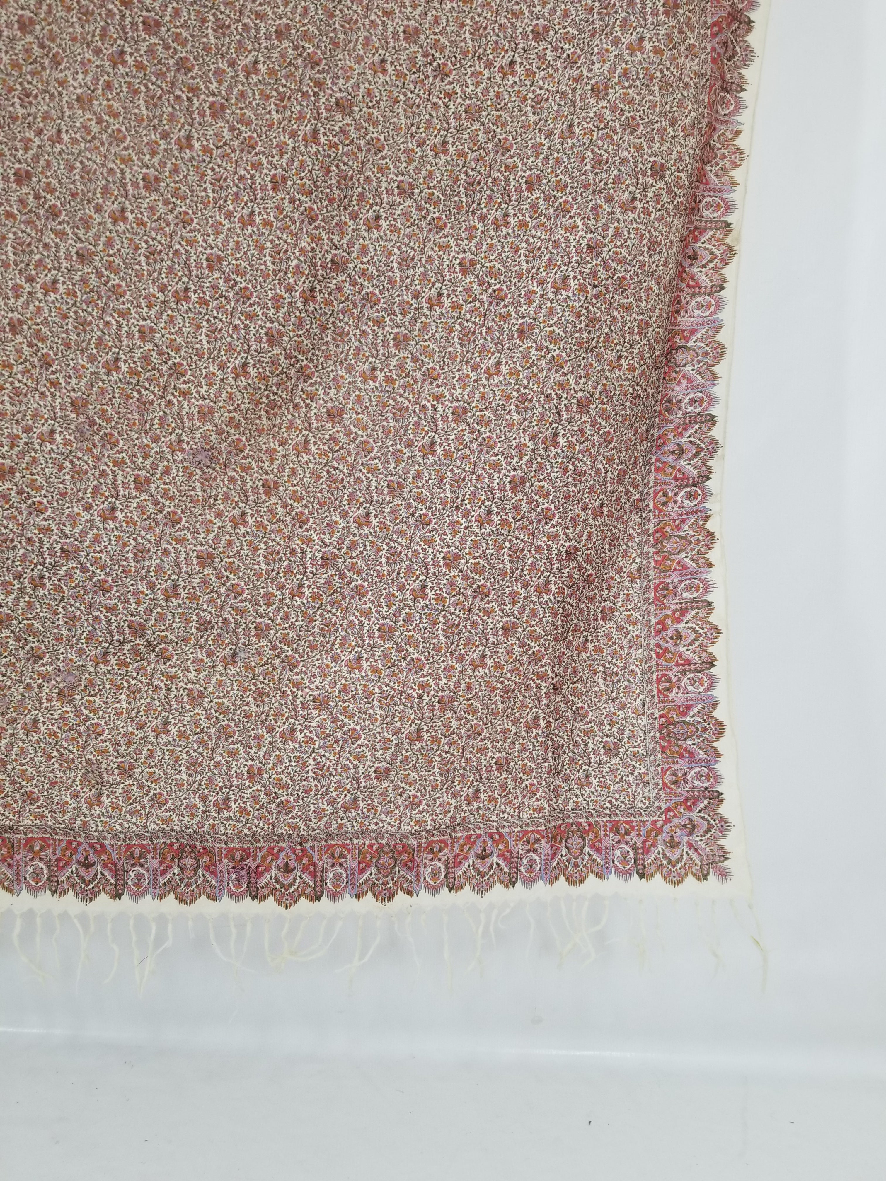 Antique Traditional Hand Block Printed Floral Woolen Shawl 178x173cm