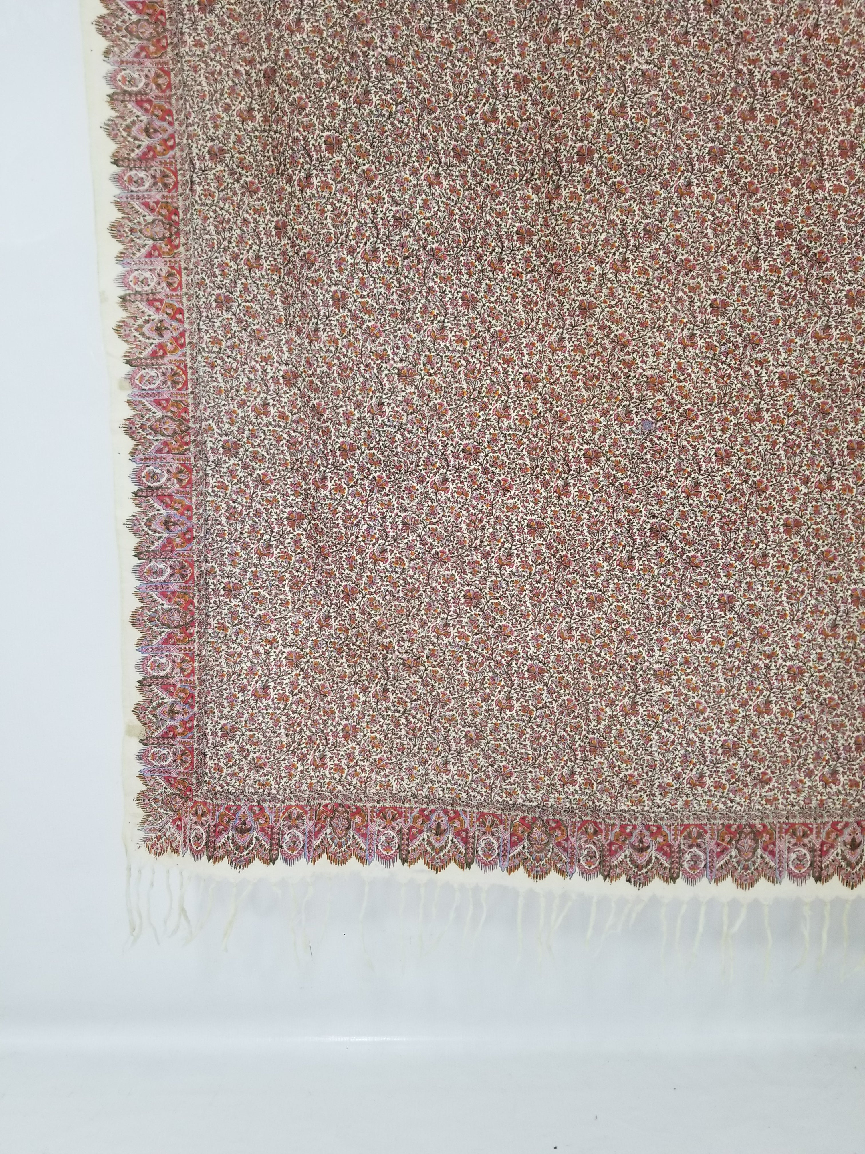 Antique Traditional Hand Block Printed Floral Woolen Shawl 178x173cm