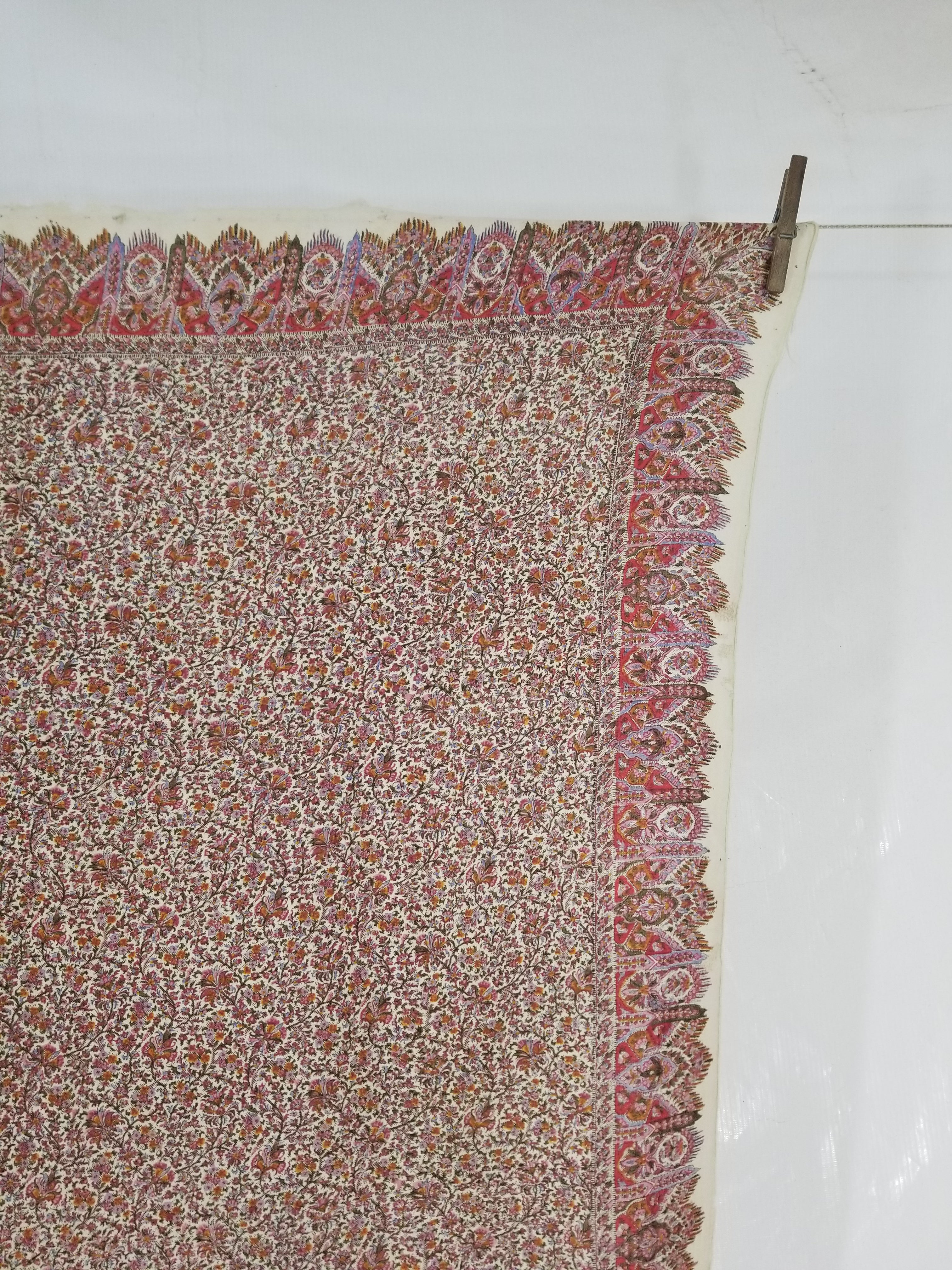 Antique Traditional Hand Block Printed Floral Woolen Shawl 178x173cm
