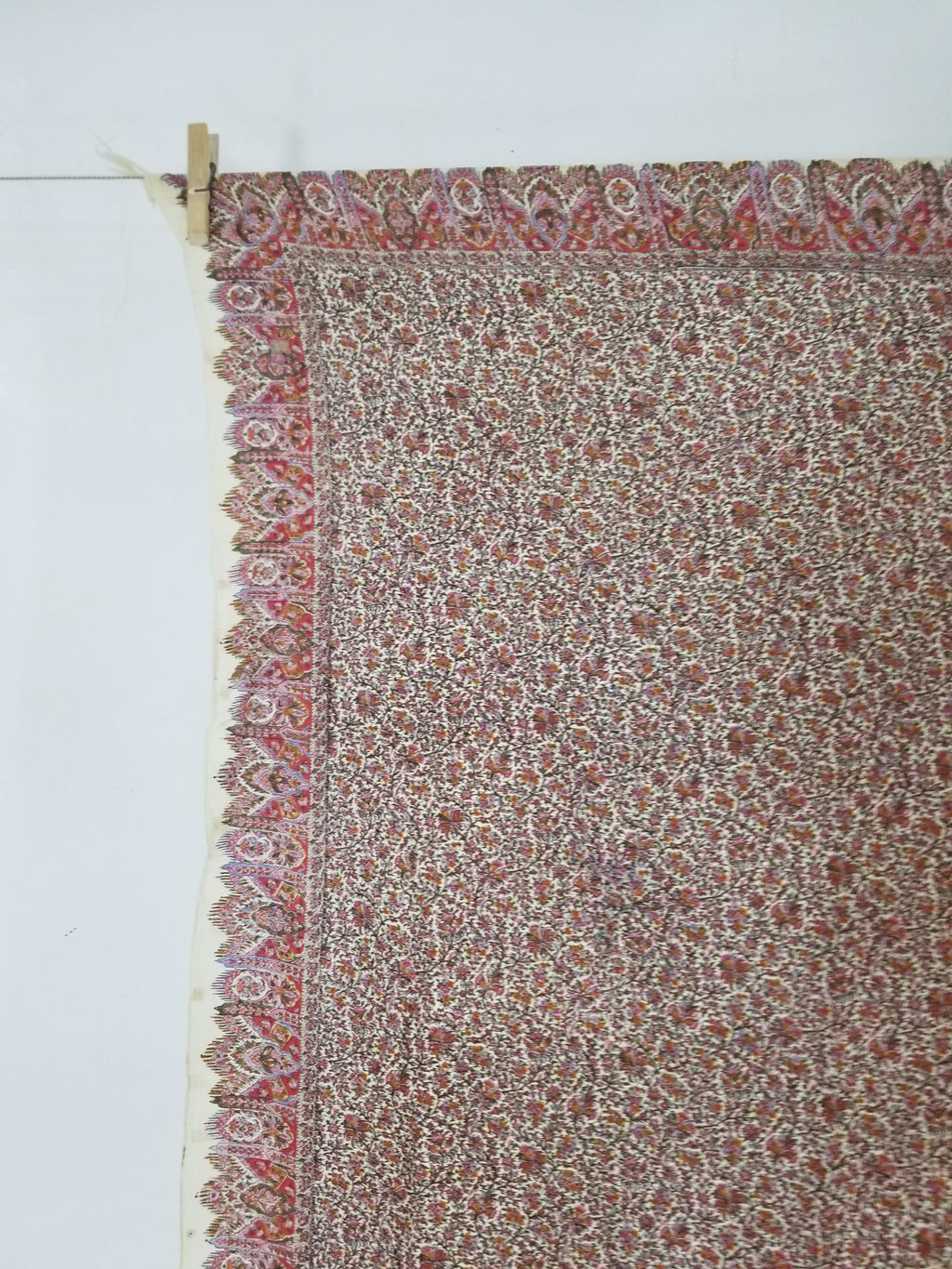 Antique Traditional Hand Block Printed Floral Woolen Shawl 178x173cm
