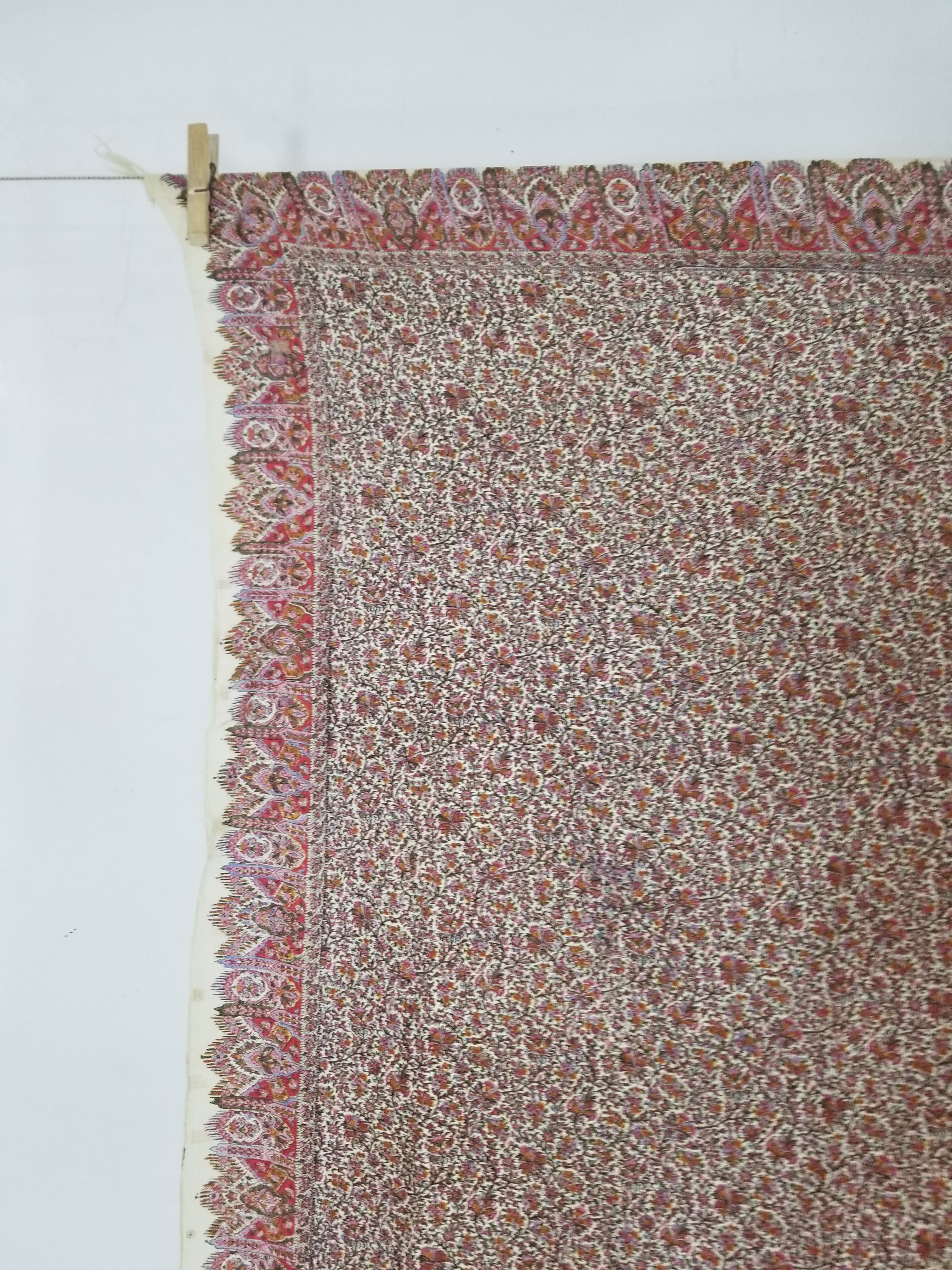 Antique Traditional Hand Block Printed Floral Woolen Shawl 178x173cm