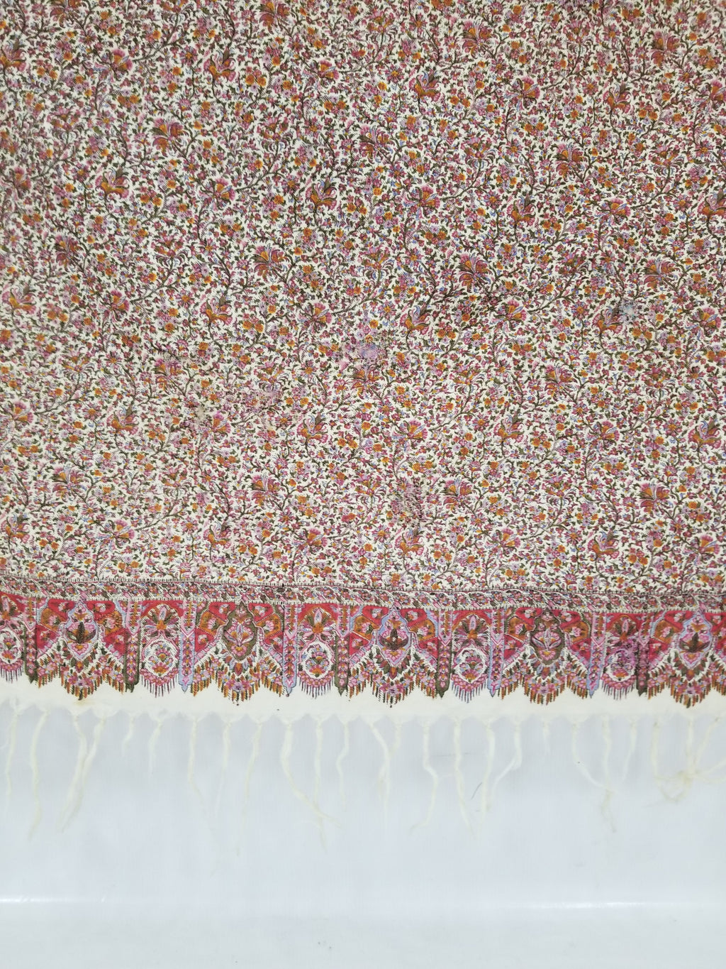 Antique Traditional Hand Block Printed Floral Woolen Shawl 178x173cm