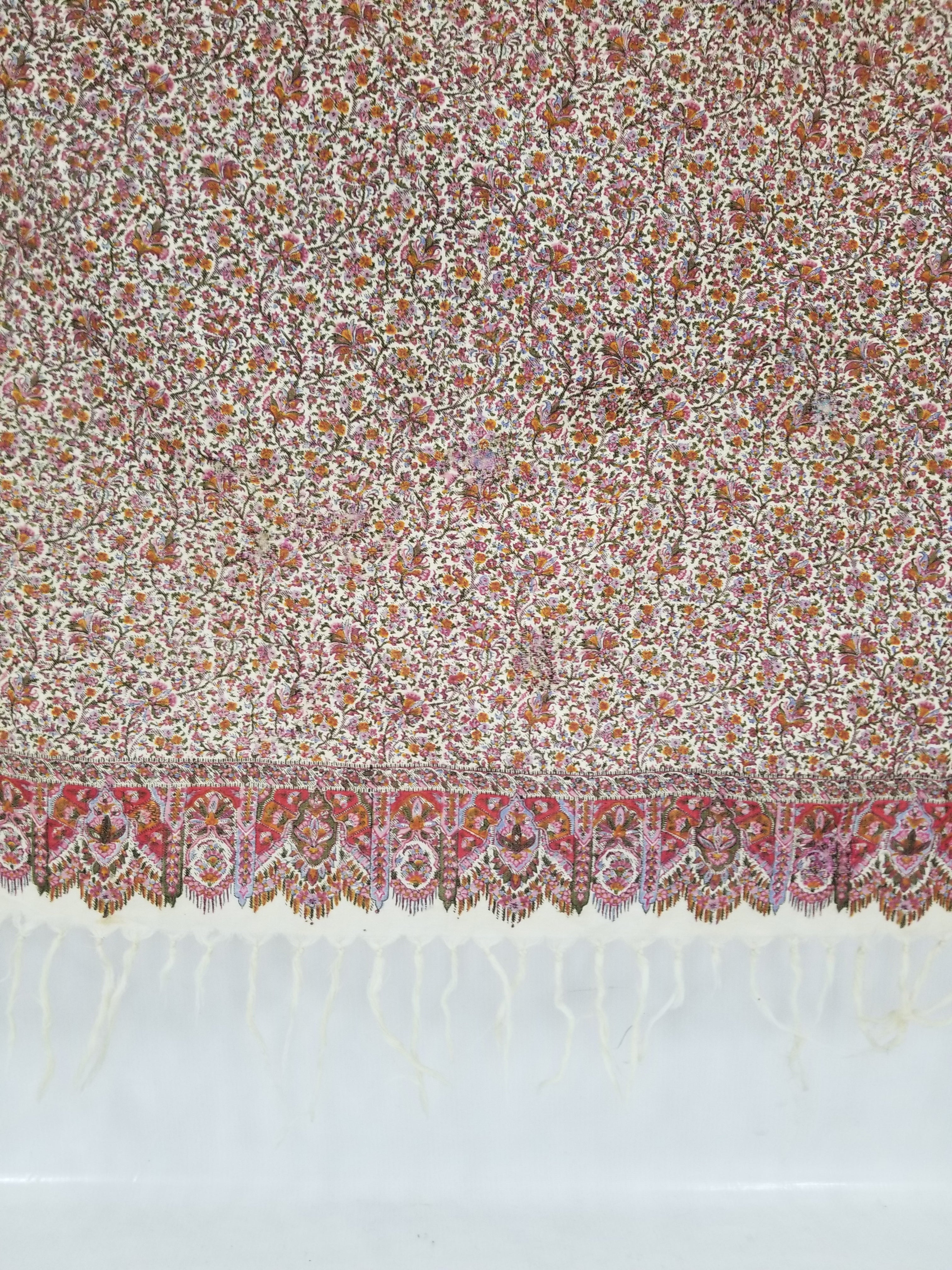 Antique Traditional Hand Block Printed Floral Woolen Shawl 178x173cm