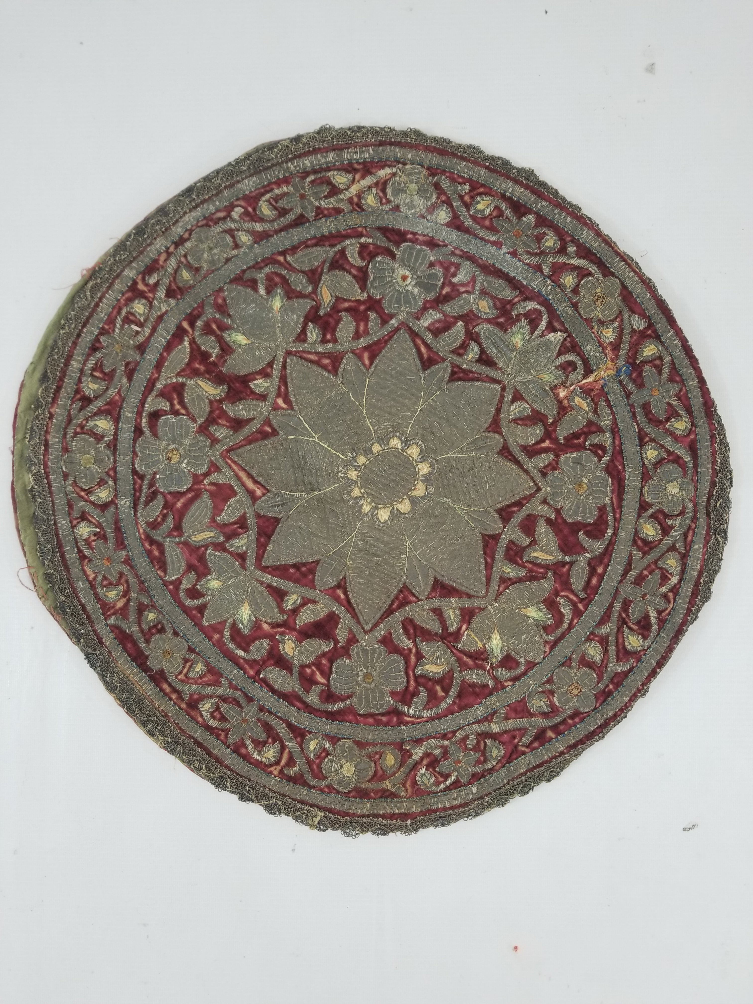Antique Ottoman Silver Metallic Embroidered Velvet Tapestry Panel 47x46cm