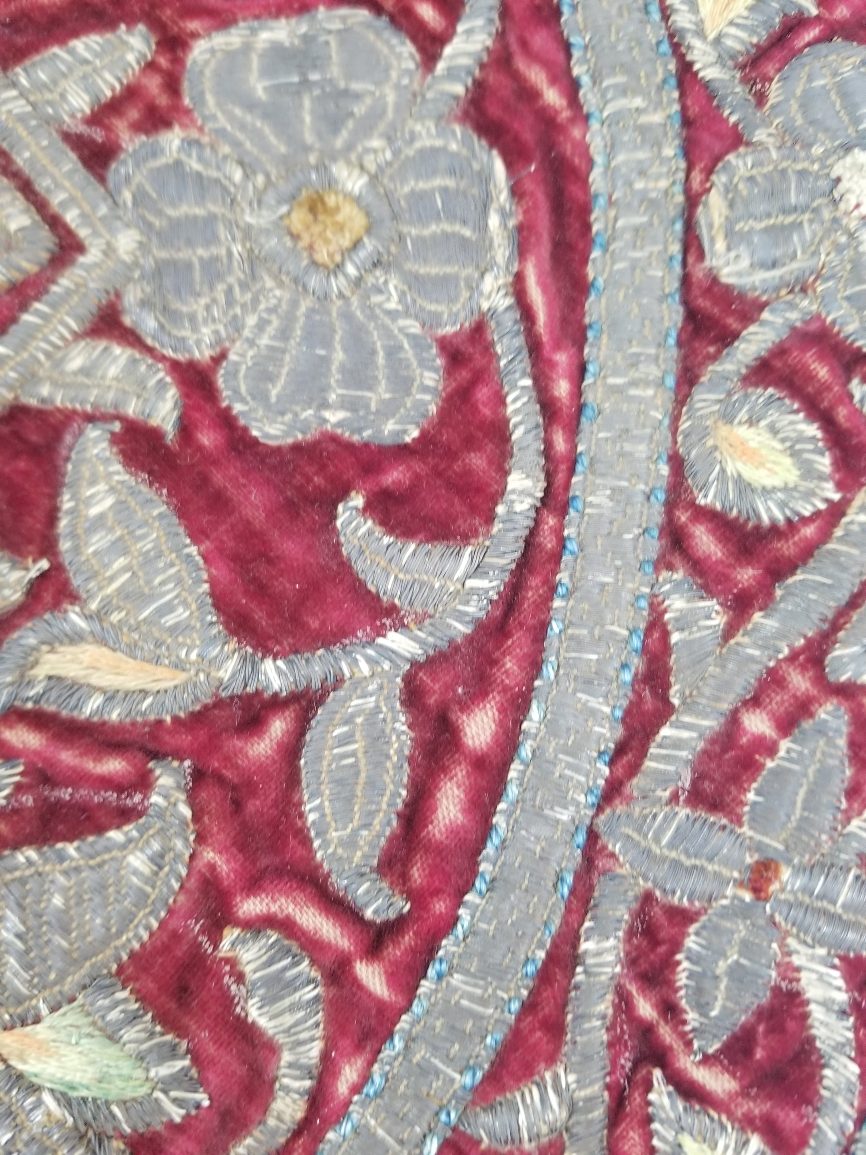Antique Ottoman Silver Metallic Embroidered Velvet Tapestry Panel 47x46cm