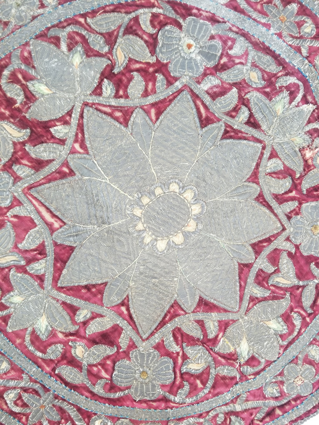 Antique Ottoman Silver Metallic Embroidered Velvet Tapestry Panel 47x46cm