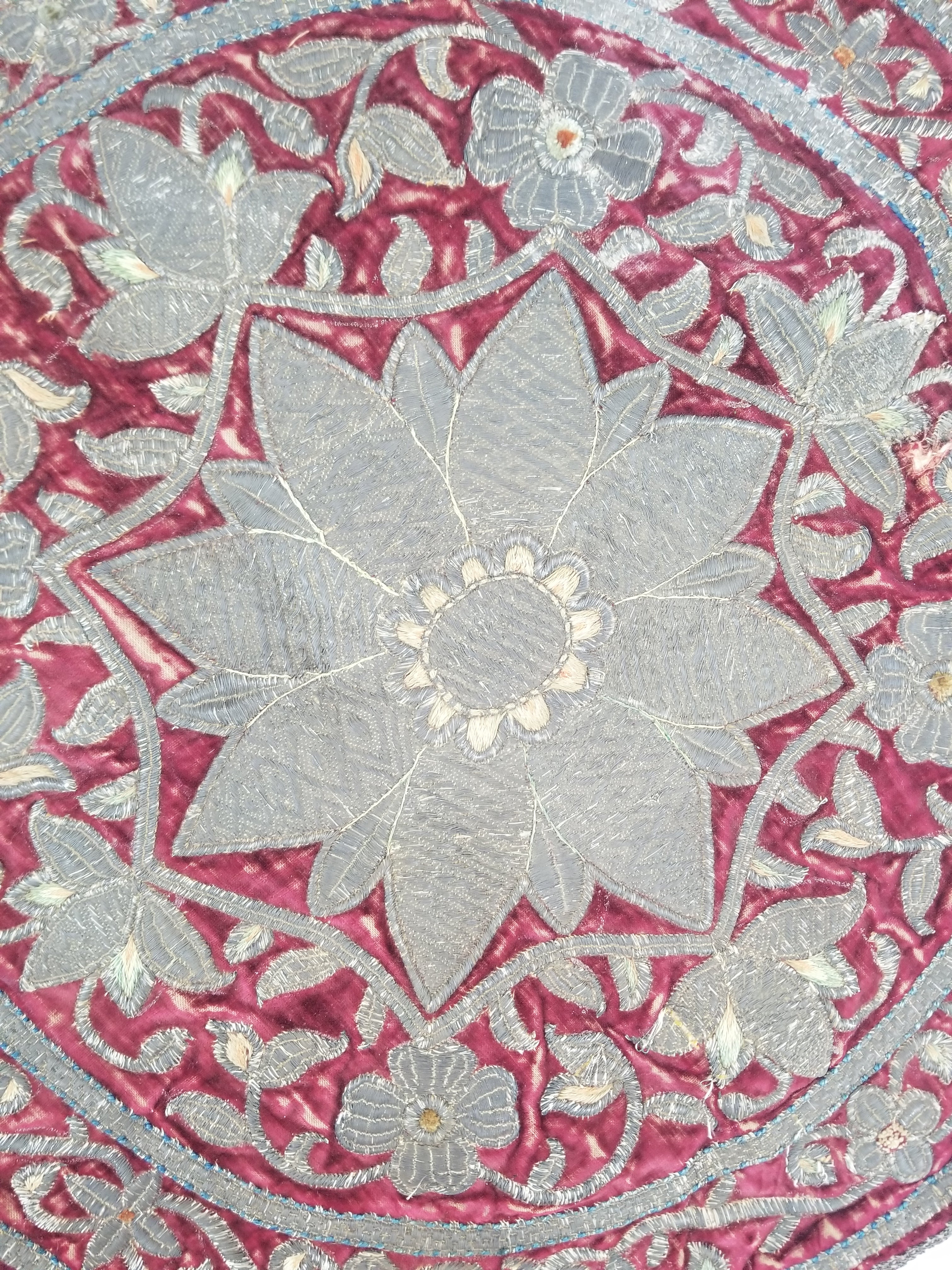 Antique Ottoman Silver Metallic Embroidered Velvet Tapestry Panel 47x46cm