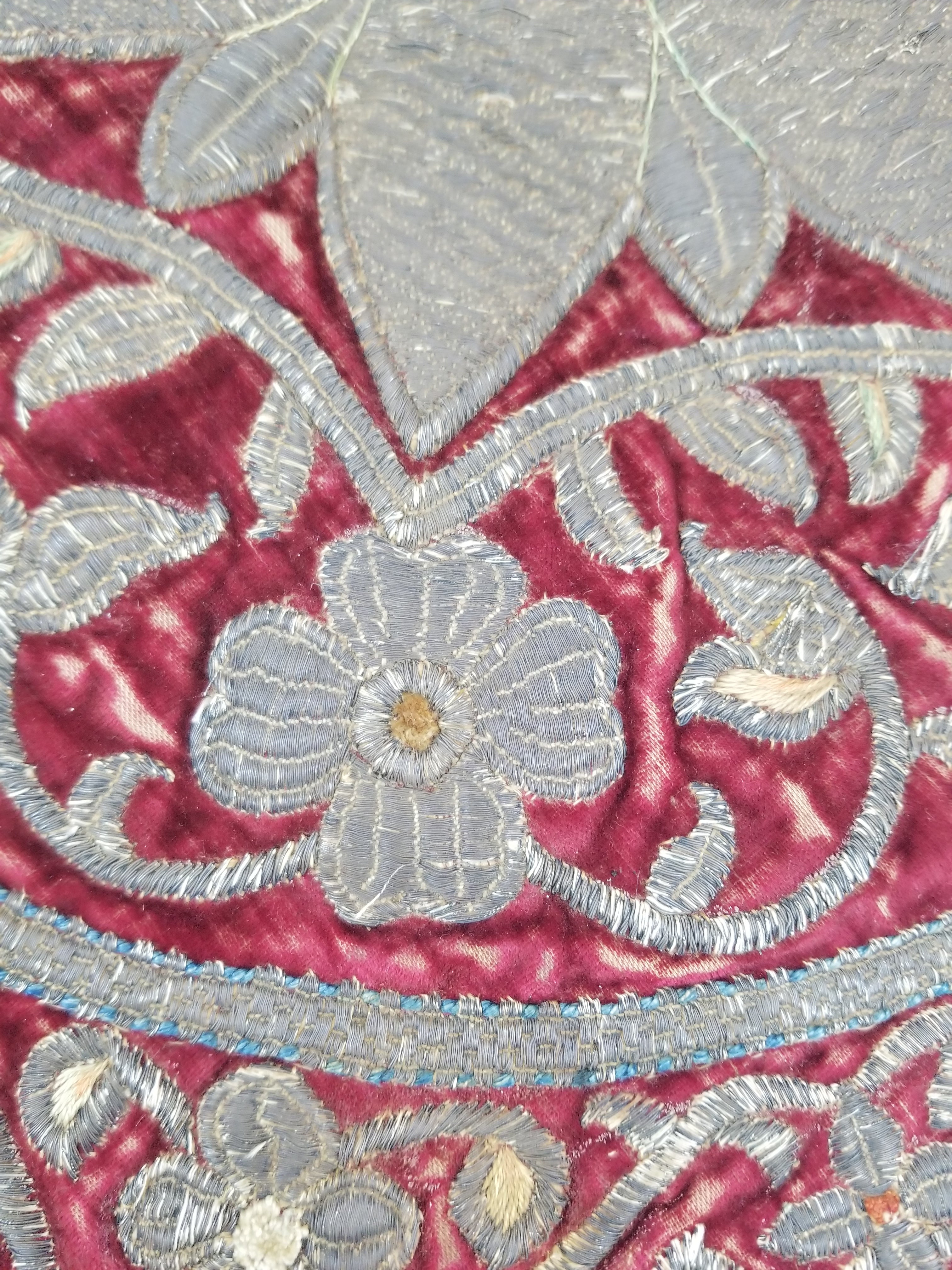 Antique Ottoman Silver Metallic Embroidered Velvet Tapestry Panel 47x46cm