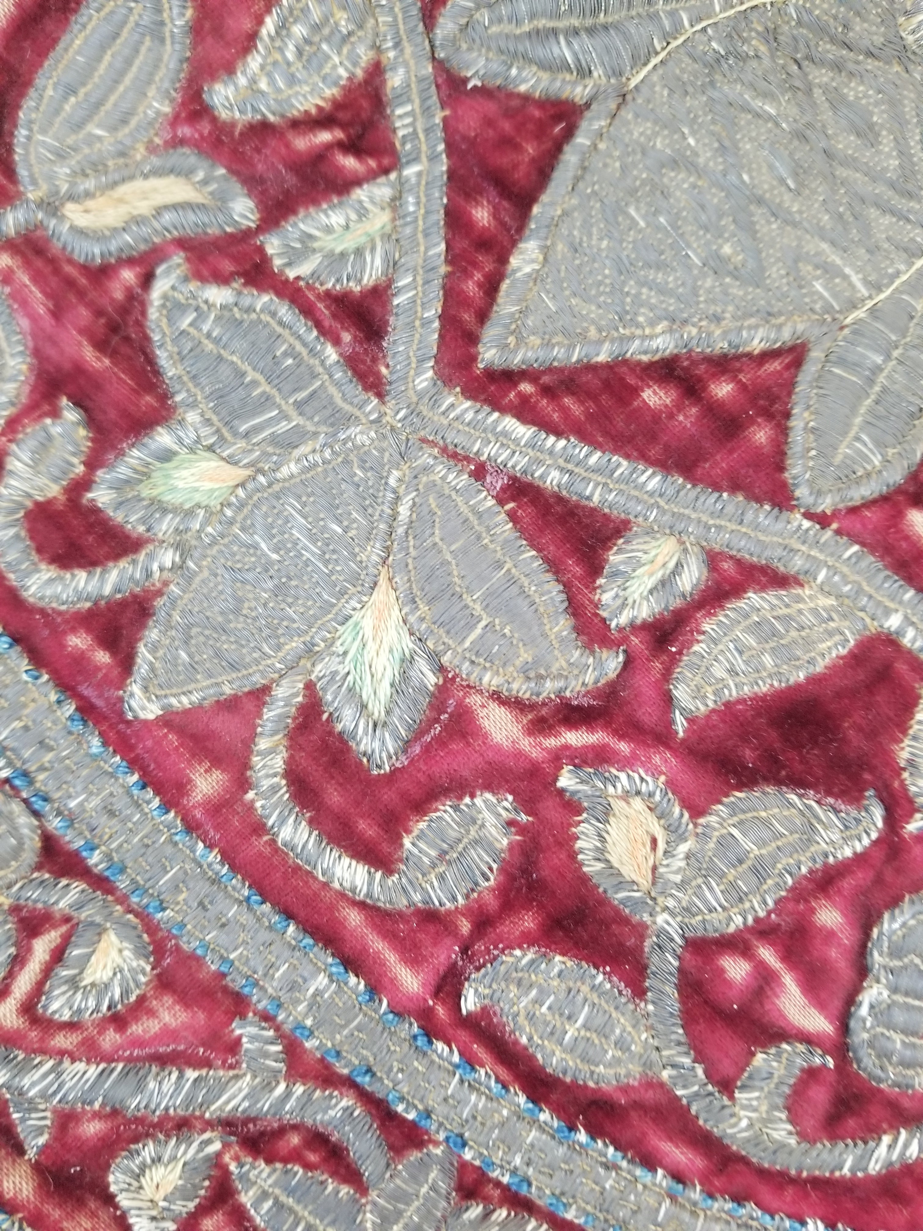 Antique Ottoman Silver Metallic Embroidered Velvet Tapestry Panel 47x46cm
