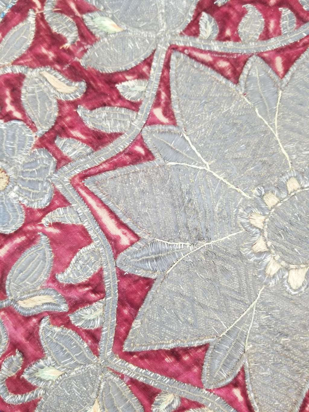 Antique Ottoman Silver Metallic Embroidered Velvet Tapestry Panel 47x46cm