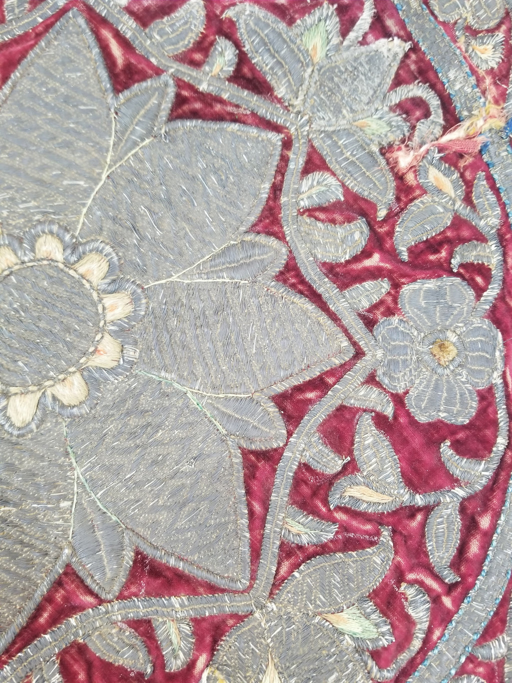 Antique Ottoman Silver Metallic Embroidered Velvet Tapestry Panel 47x46cm