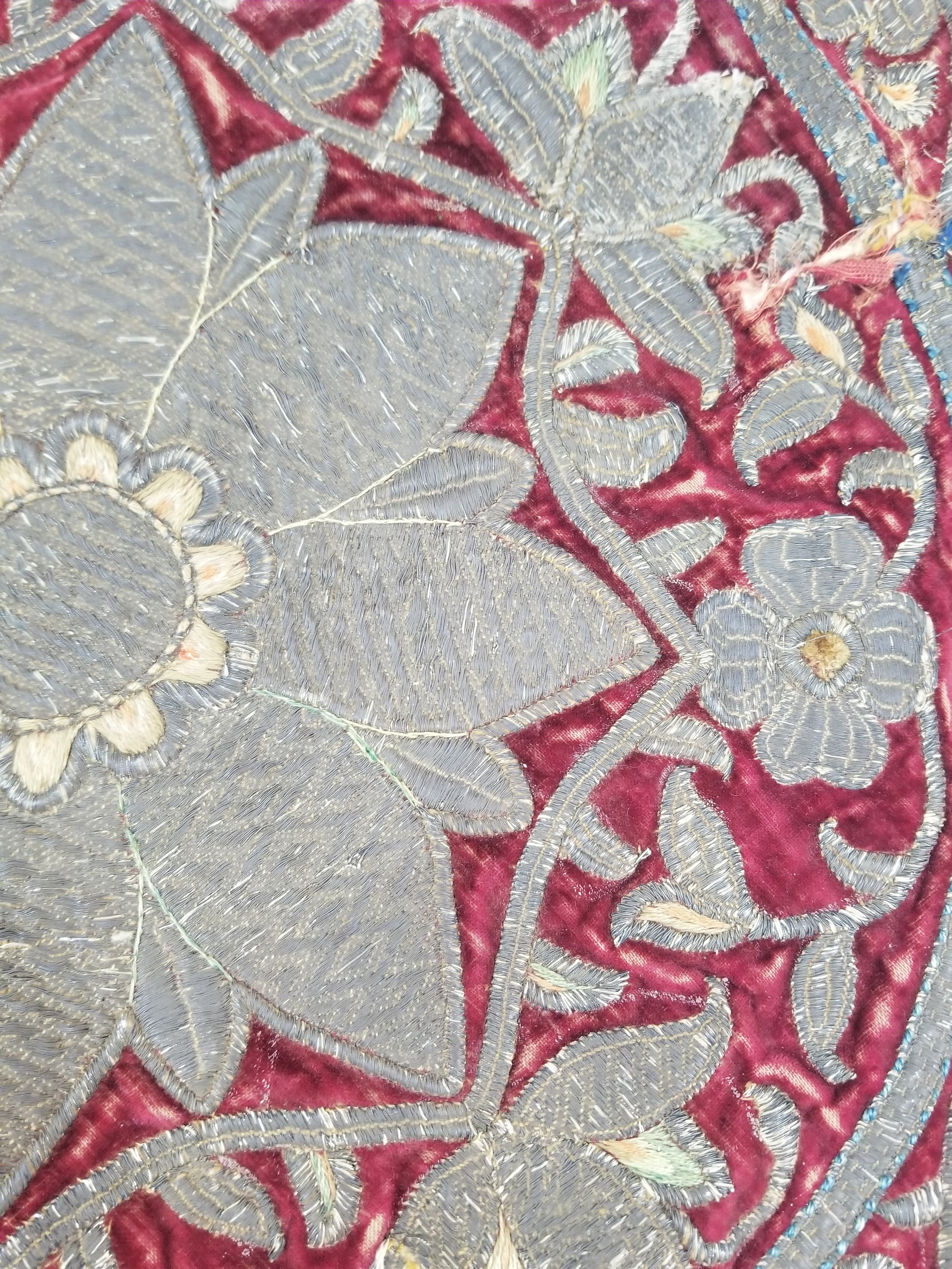 Antique Ottoman Silver Metallic Embroidered Velvet Tapestry Panel 47x46cm