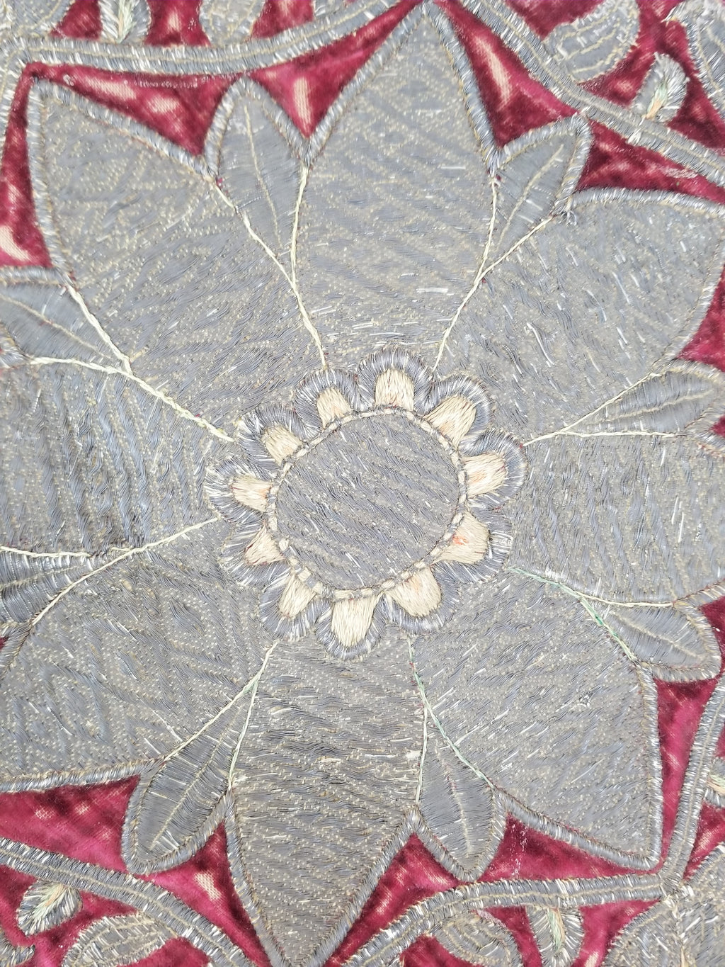 Antique Ottoman Silver Metallic Embroidered Velvet Tapestry Panel 47x46cm