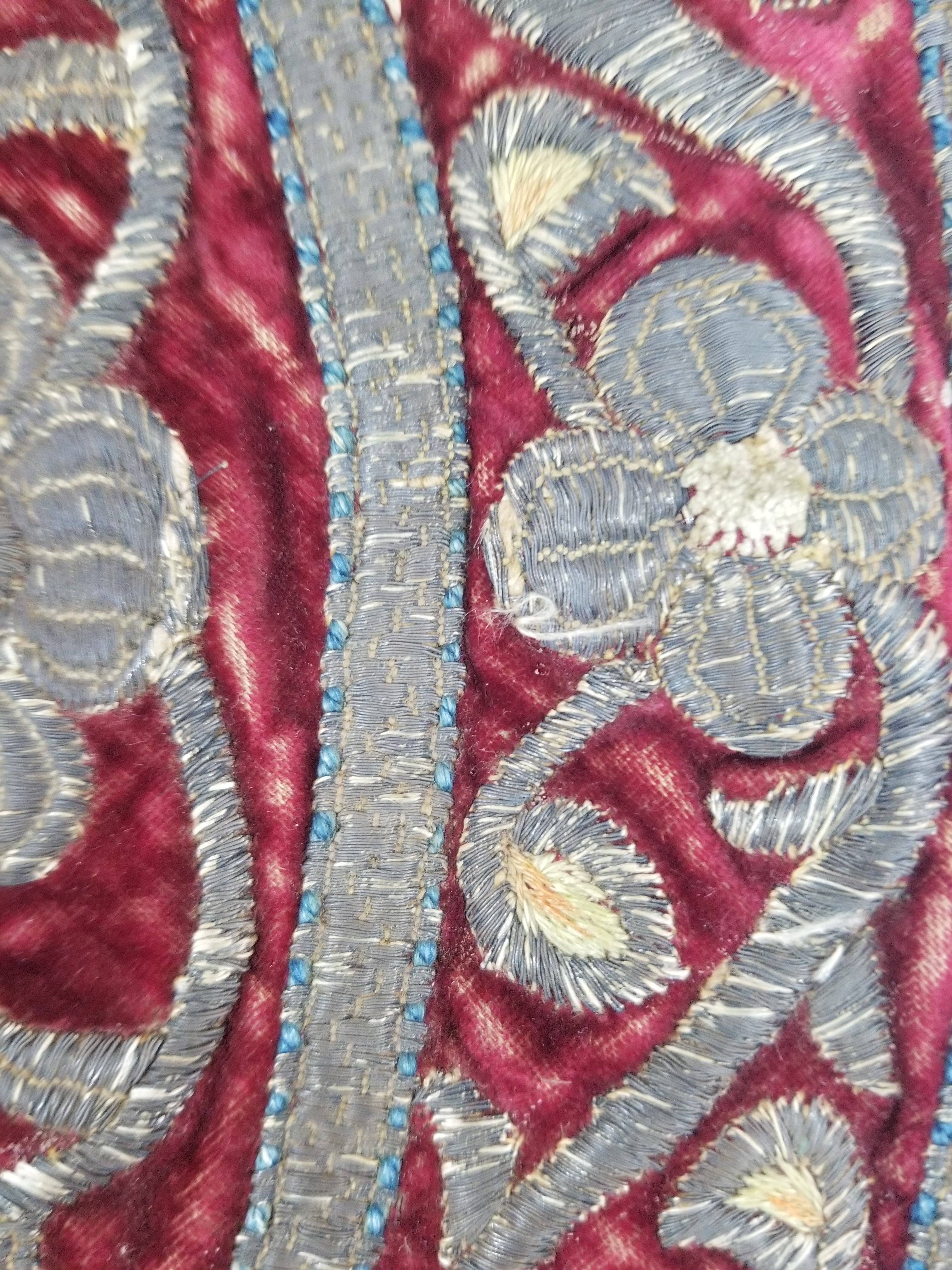 Antique Ottoman Silver Metallic Embroidered Velvet Tapestry Panel 47x46cm