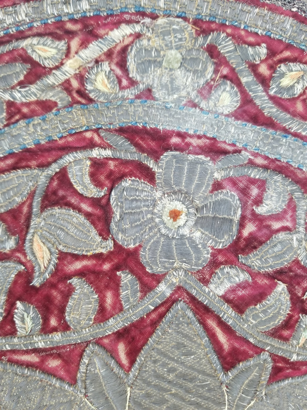 Antique Ottoman Silver Metallic Embroidered Velvet Tapestry Panel 47x46cm