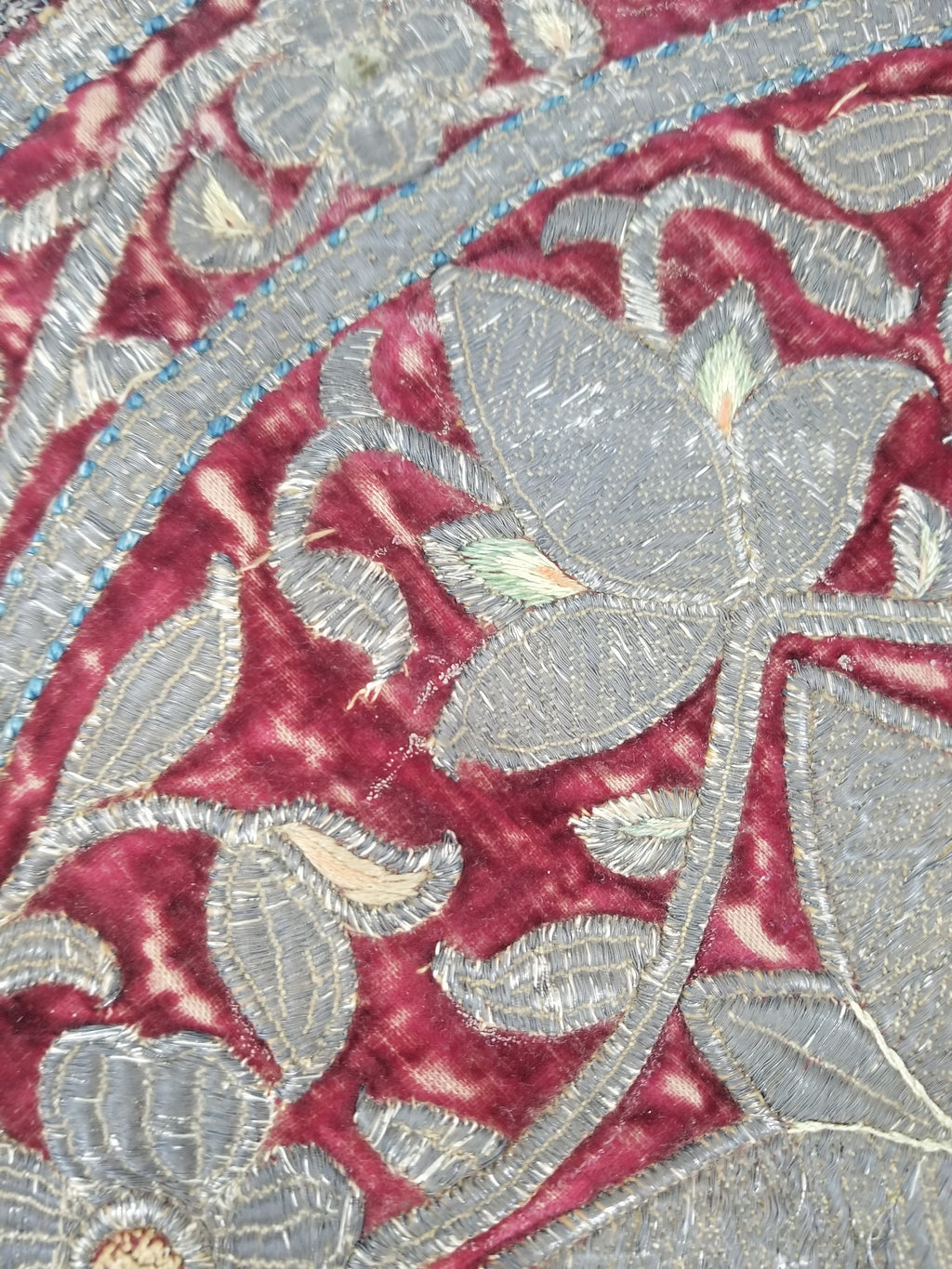 Antique Ottoman Silver Metallic Embroidered Velvet Tapestry Panel 47x46cm