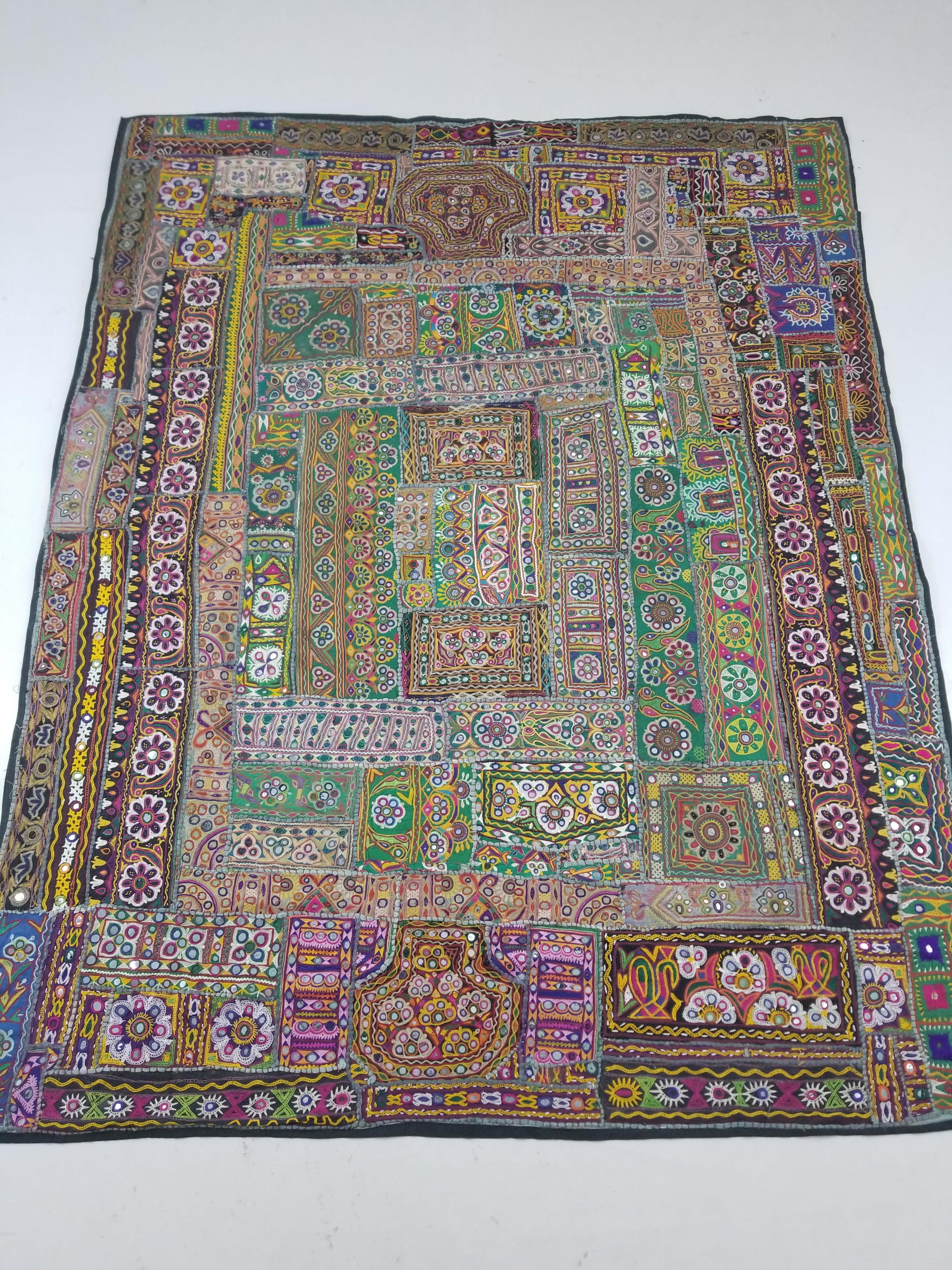 Vintage Indian Rajasthani Patchwork Hand Embroidery Mirror Work Tapestry 196x155