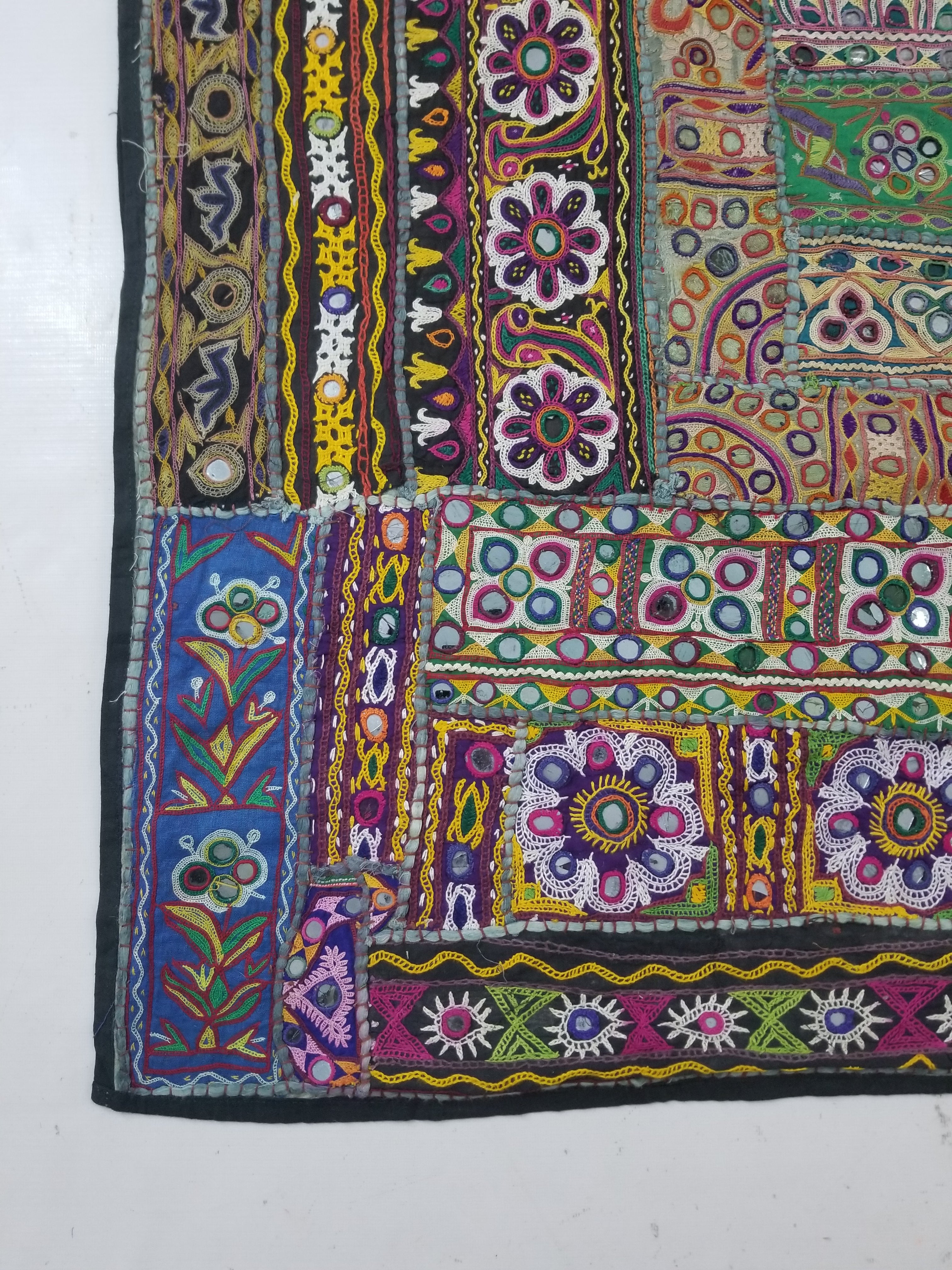 Vintage Indian Rajasthani Patchwork Hand Embroidery Mirror Work Tapestry 196x155