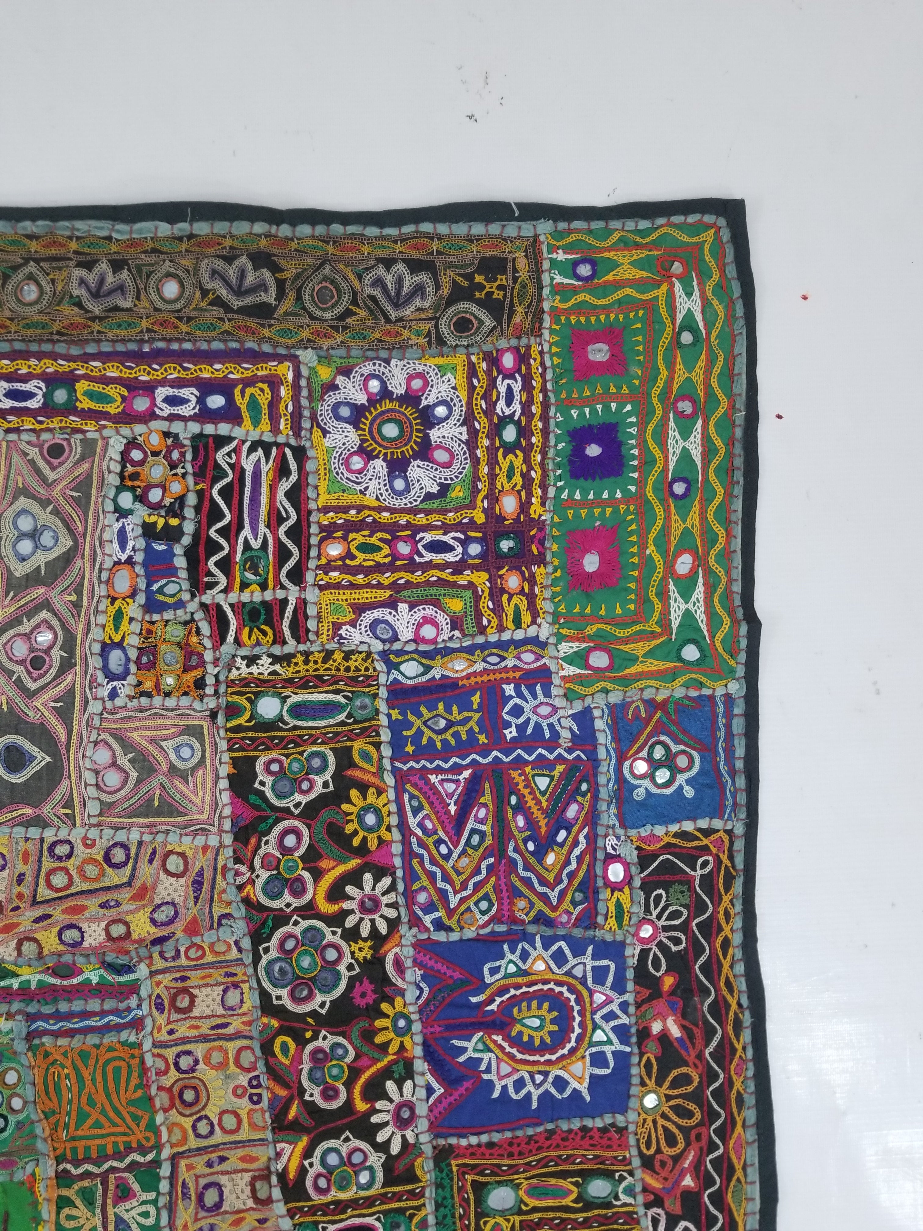 Vintage Indian Rajasthani Patchwork Hand Embroidery Mirror Work Tapestry 196x155