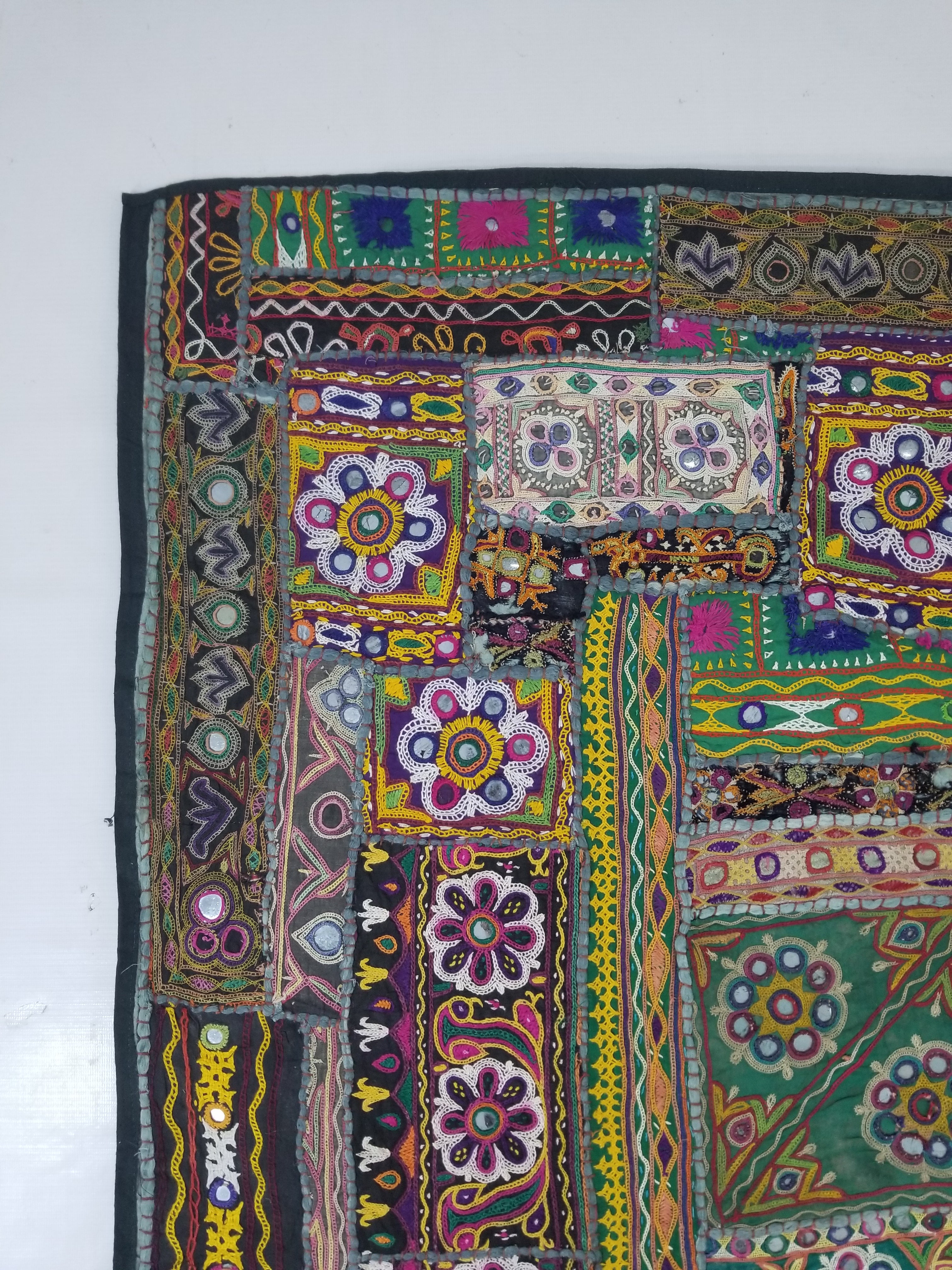 Vintage Indian Rajasthani Patchwork Hand Embroidery Mirror Work Tapestry 196x155