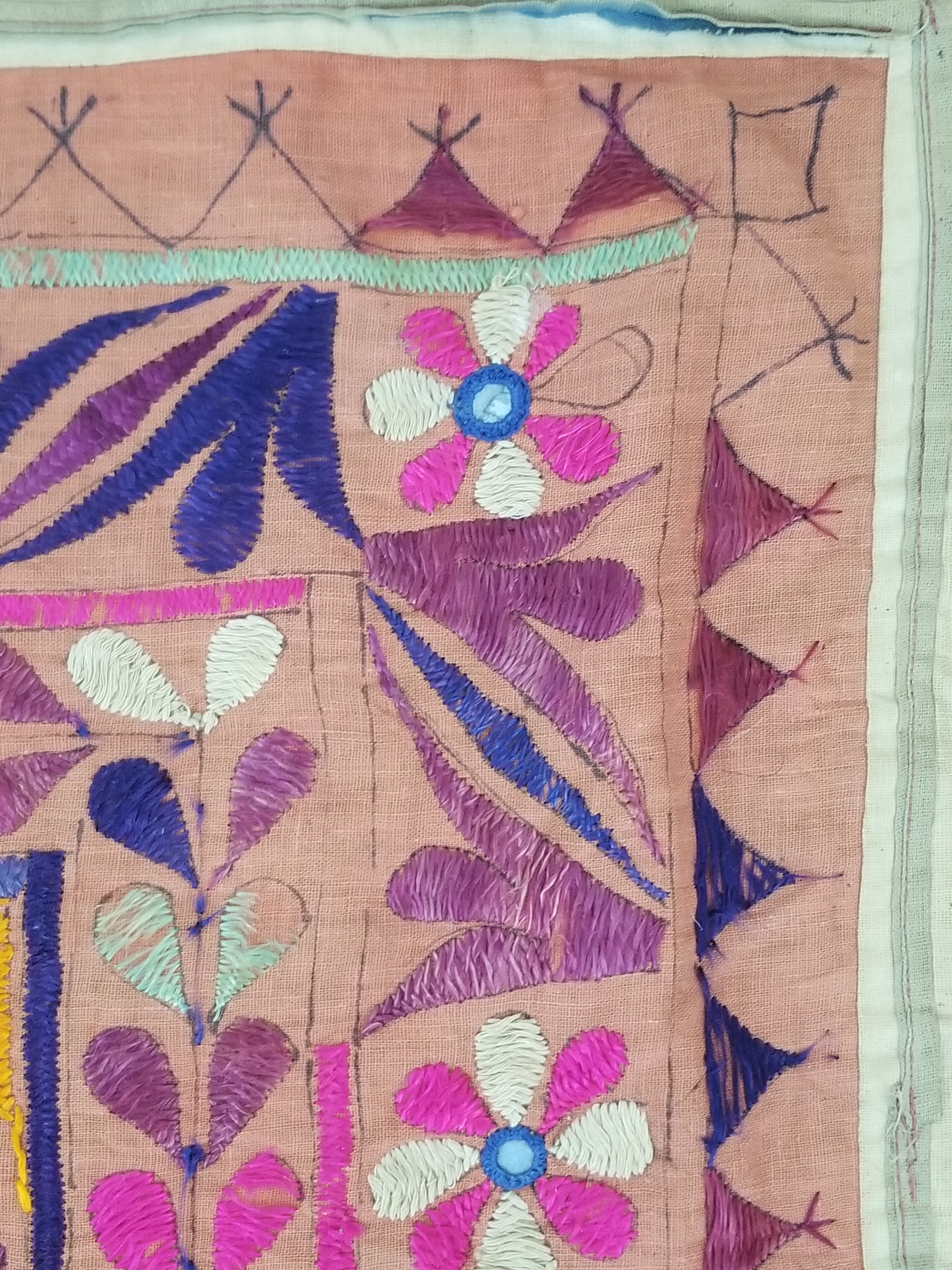 Antique Indian Gujarat Patchwork Hand Embroidered Wall Tapestry 285x180cm