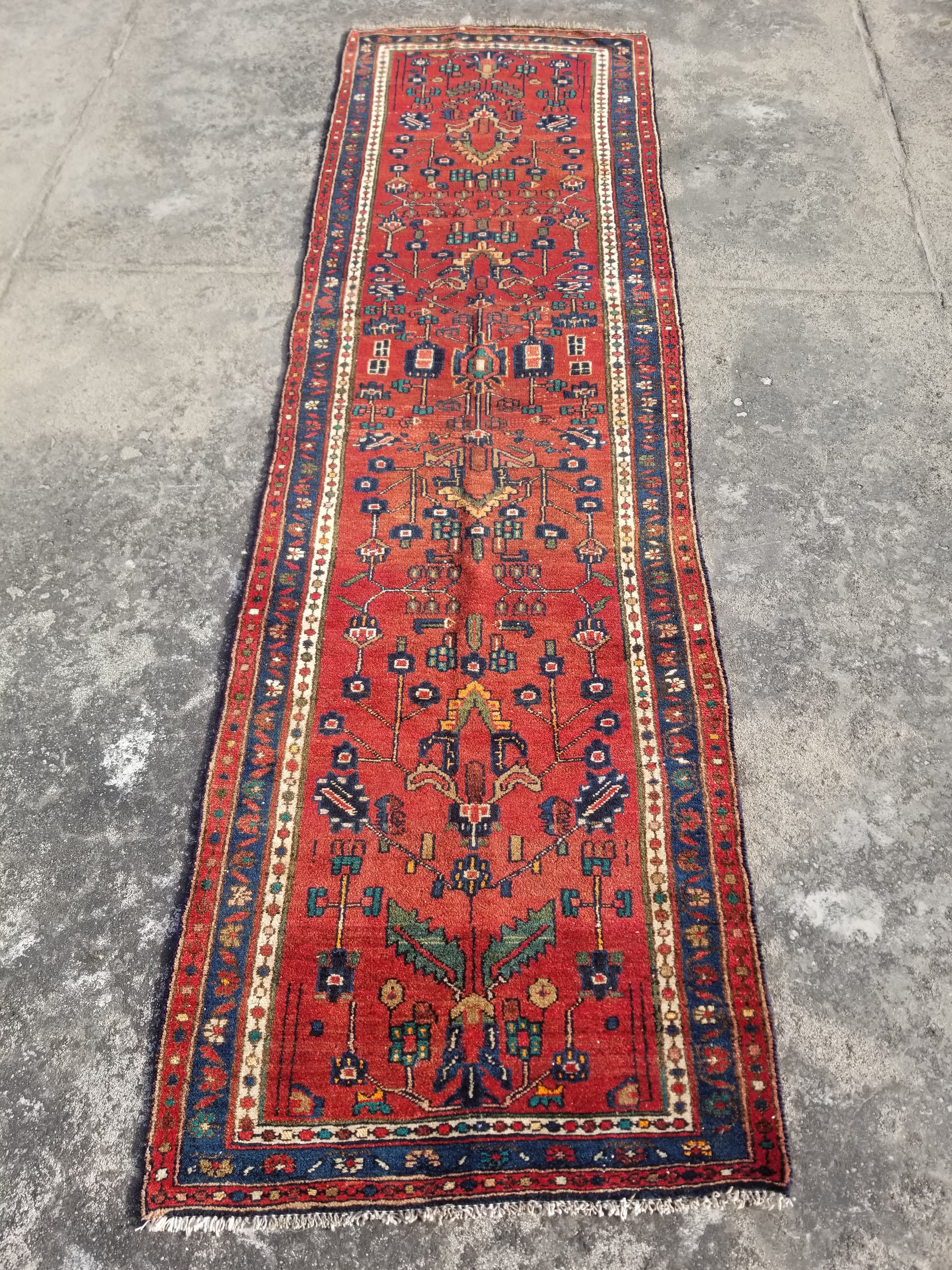Distressed Vintage Traditional Handmade Heriz Wool Multicolor Runner 295x82cm