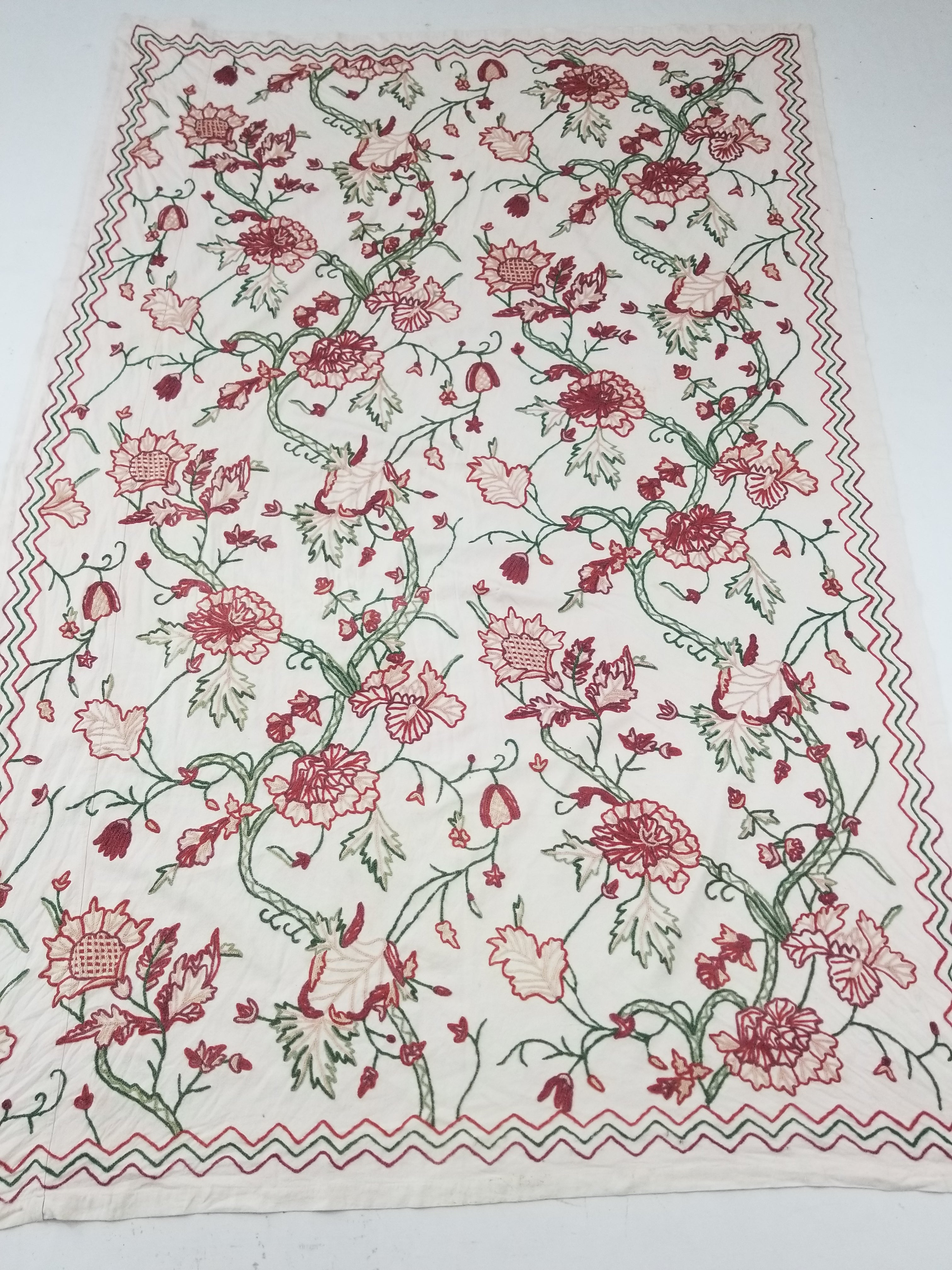 Vintage Traditional Indian Kashmiri Wool Crewel Work Floral Textile 224x150cm