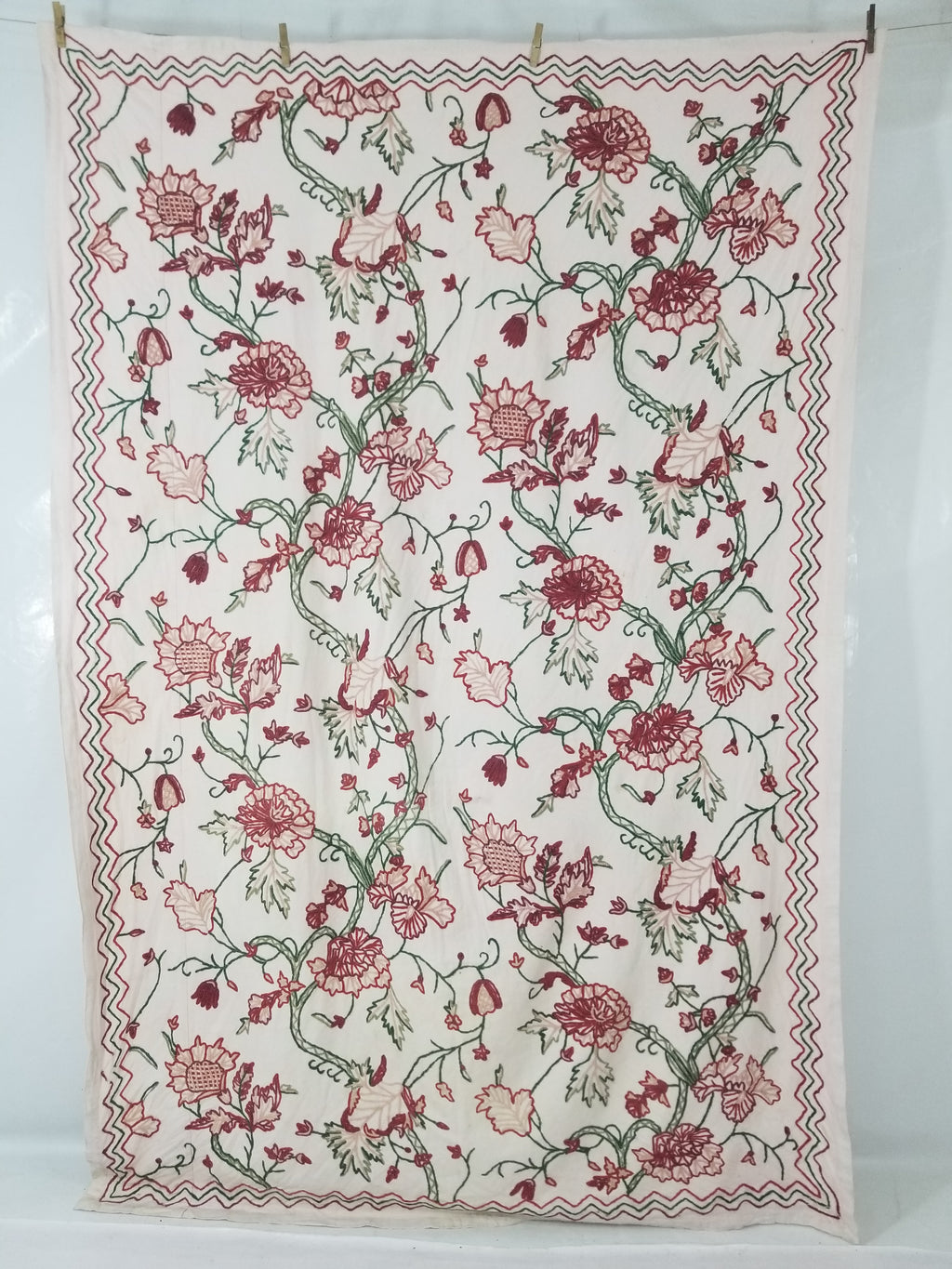 Vintage Traditional Indian Kashmiri Wool Crewel Work Floral Textile 224x150cm