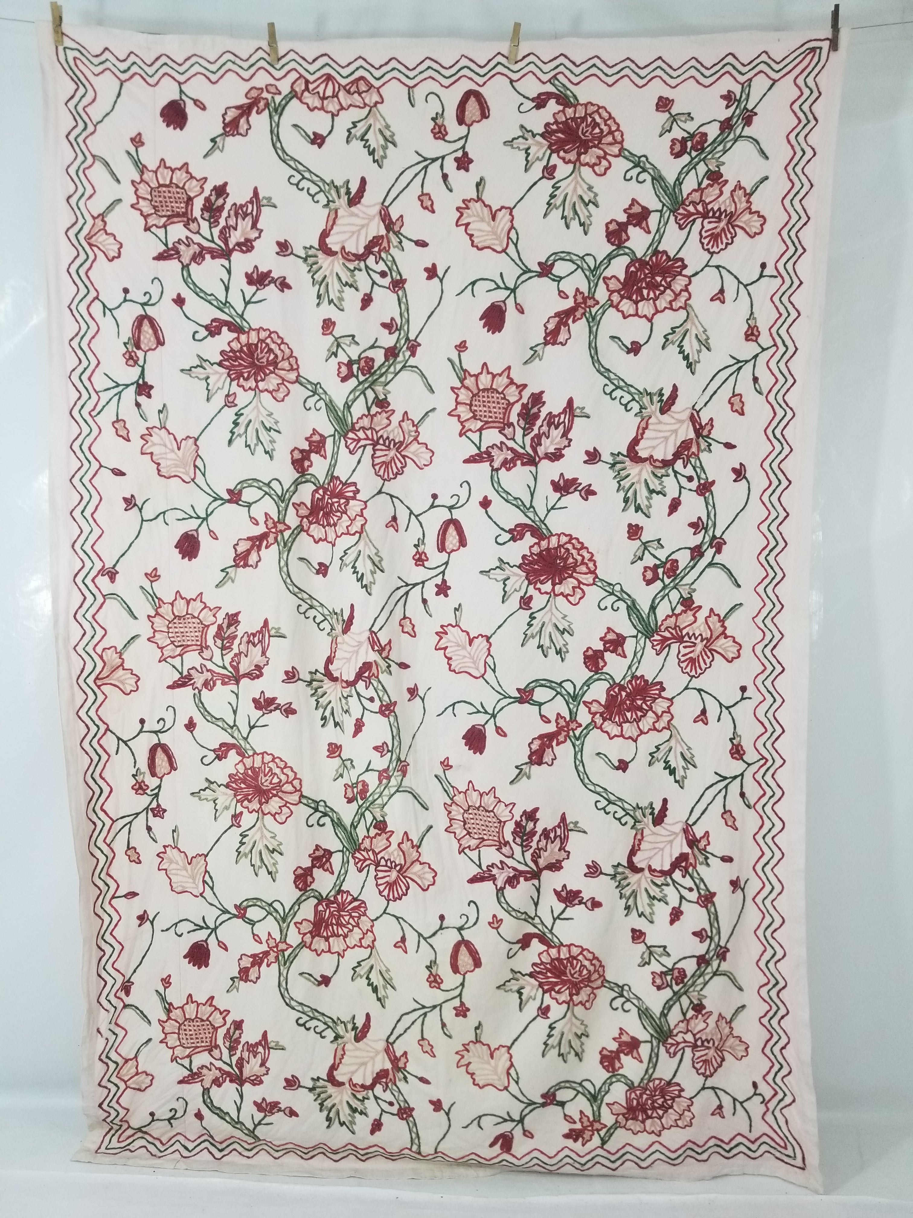 Vintage Traditional Indian Kashmiri Wool Crewel Work Floral Textile 224x150cm