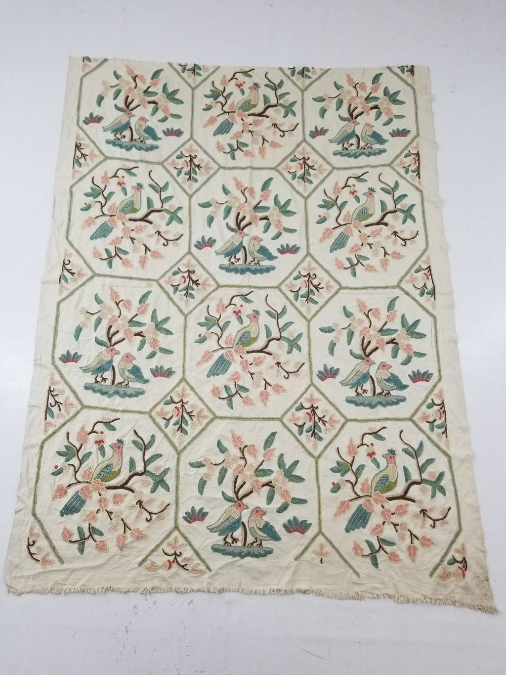 Vintage Kashmiri Wool Crewel Work Birds on a Branch Tapestry Panel 174x133cm