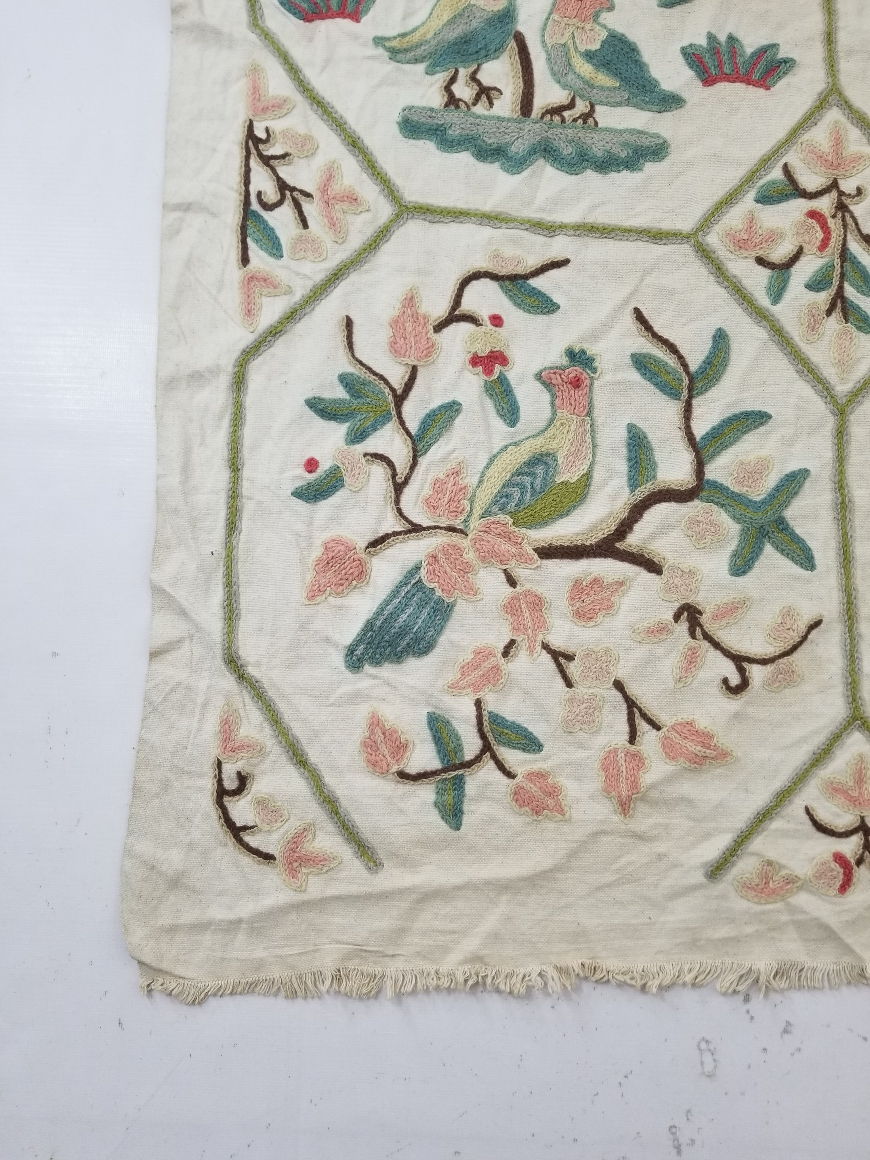 Vintage Kashmiri Wool Crewel Work Birds on a Branch Tapestry Panel 174x133cm