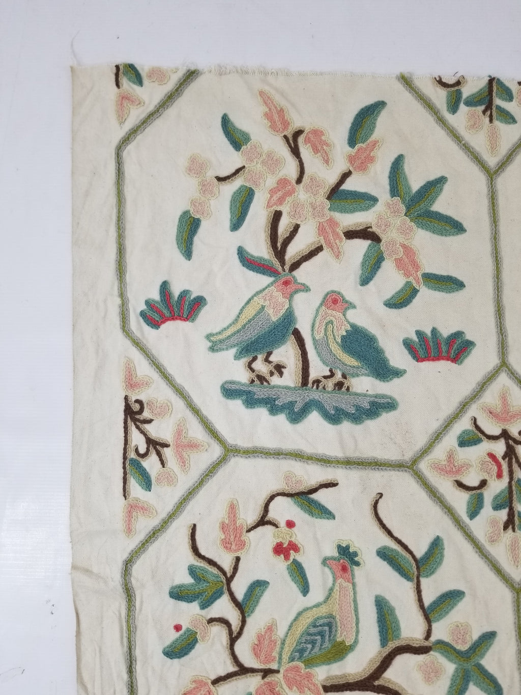 Vintage Kashmiri Wool Crewel Work Birds on a Branch Tapestry Panel 174x133cm
